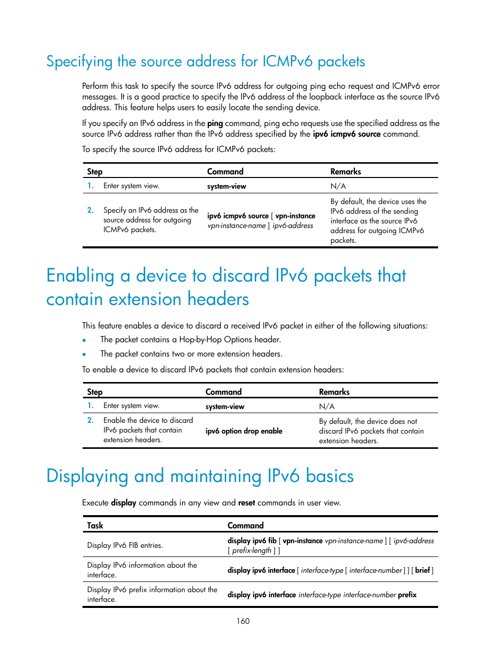 Specifying the source address for icmpv6 packets, Displaying and maintaining ipv6 basics | H3C Technologies H3C S5560 Series Switches User Manual | Page 175 / 291