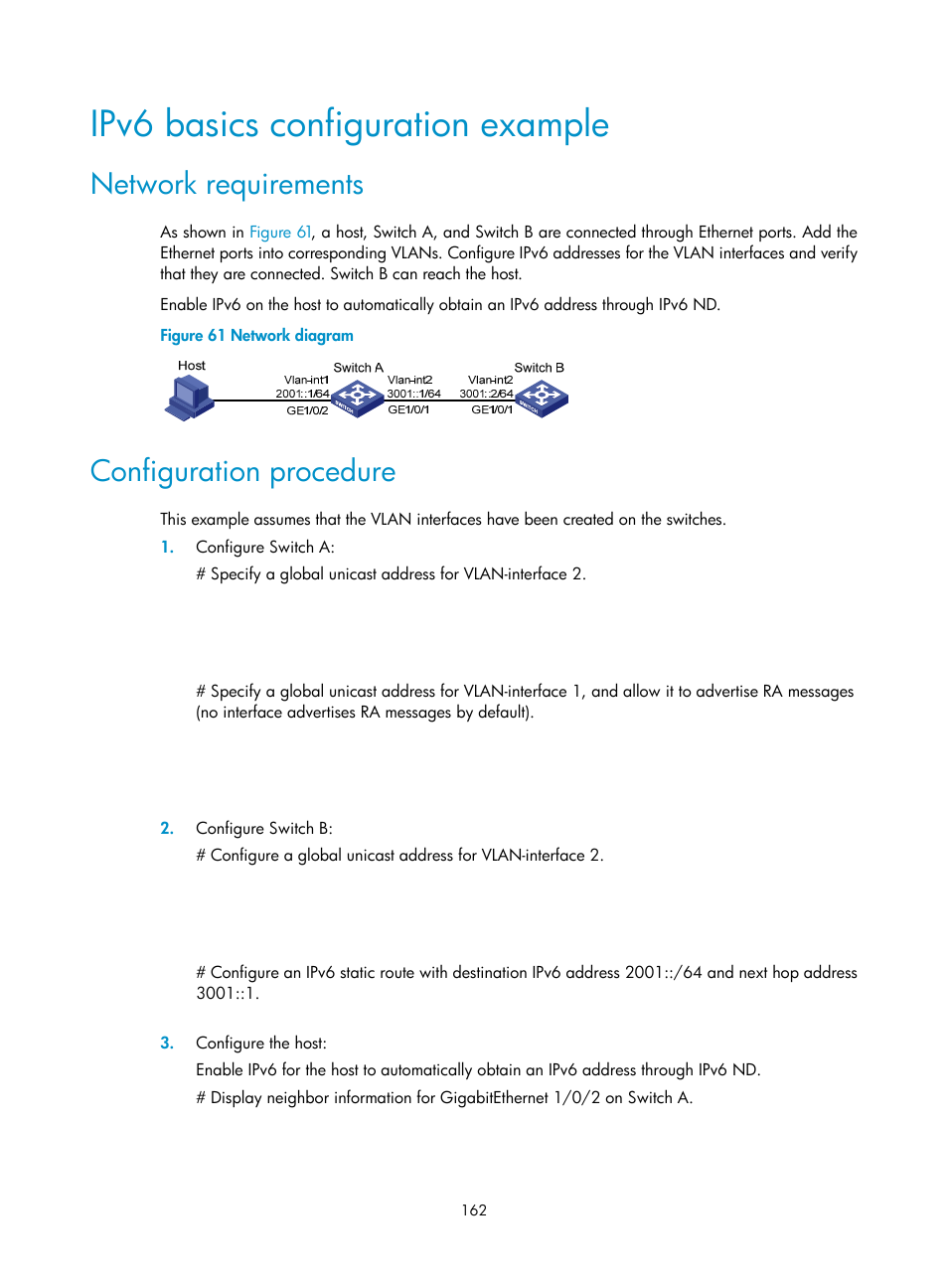 Ipv6 basics configuration example, Network requirements, Configuration procedure | H3C Technologies H3C S5560 Series Switches User Manual | Page 177 / 291