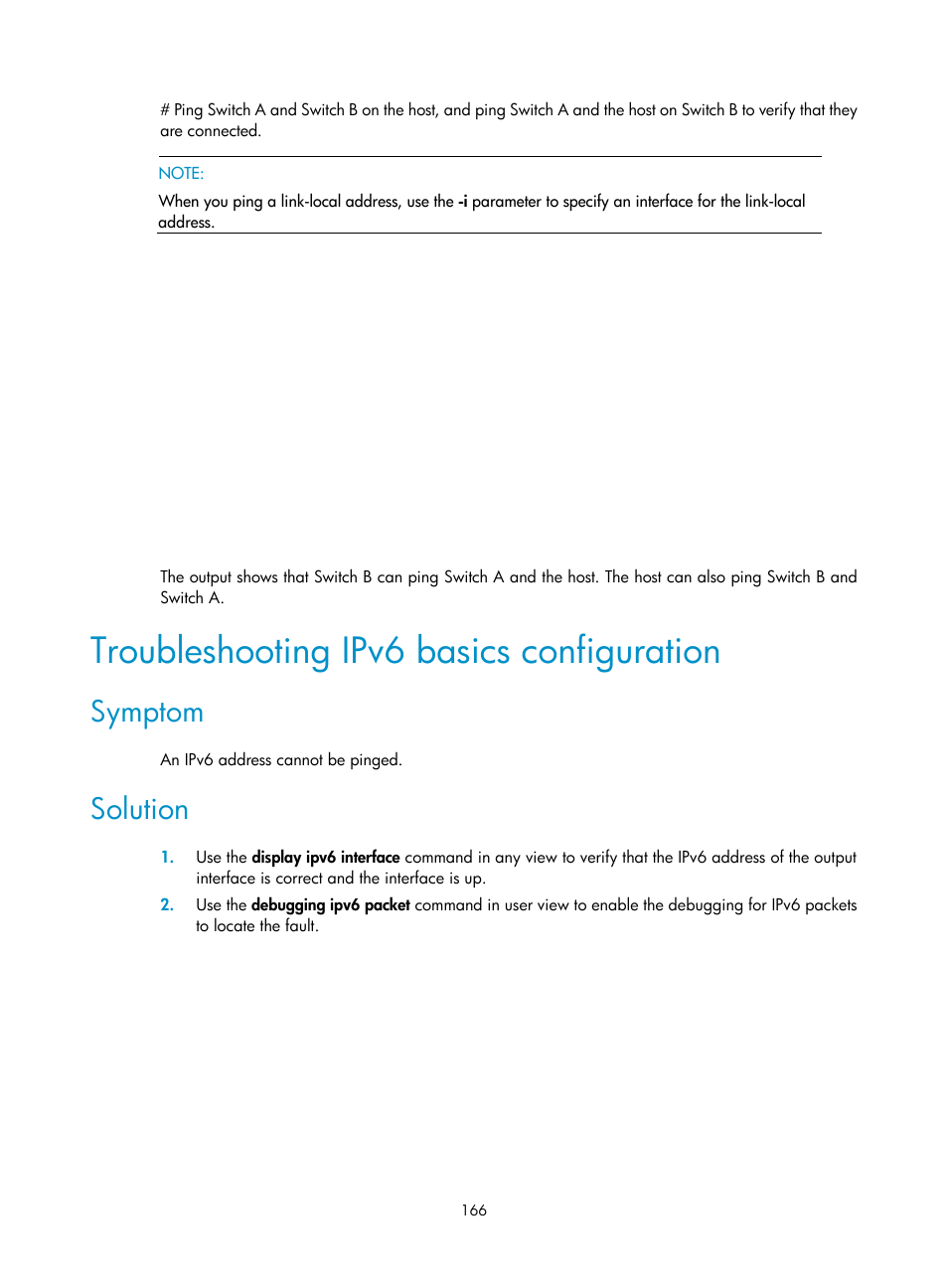 Troubleshooting ipv6 basics configuration, Symptom, Solution | H3C Technologies H3C S5560 Series Switches User Manual | Page 181 / 291