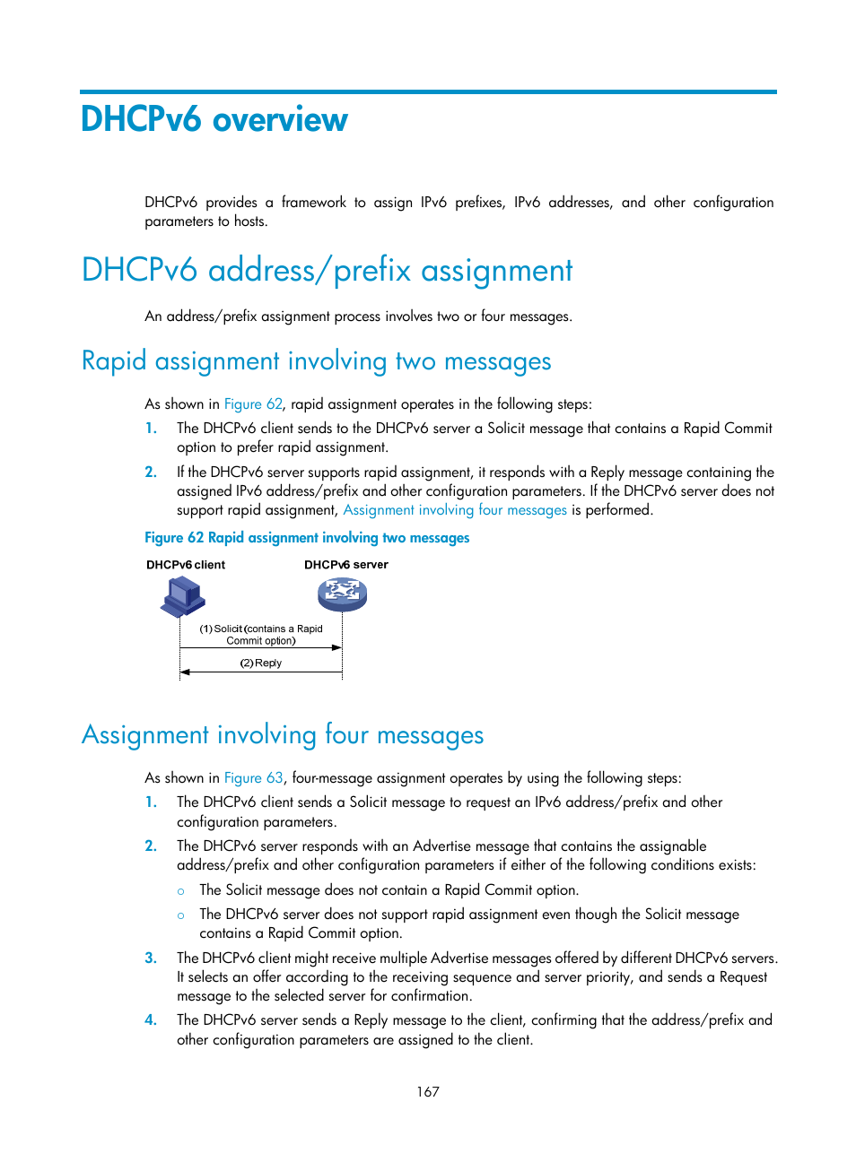 Dhcpv6 overview, Dhcpv6 address/prefix assignment, Rapid assignment involving two messages | Assignment involving four messages | H3C Technologies H3C S5560 Series Switches User Manual | Page 182 / 291