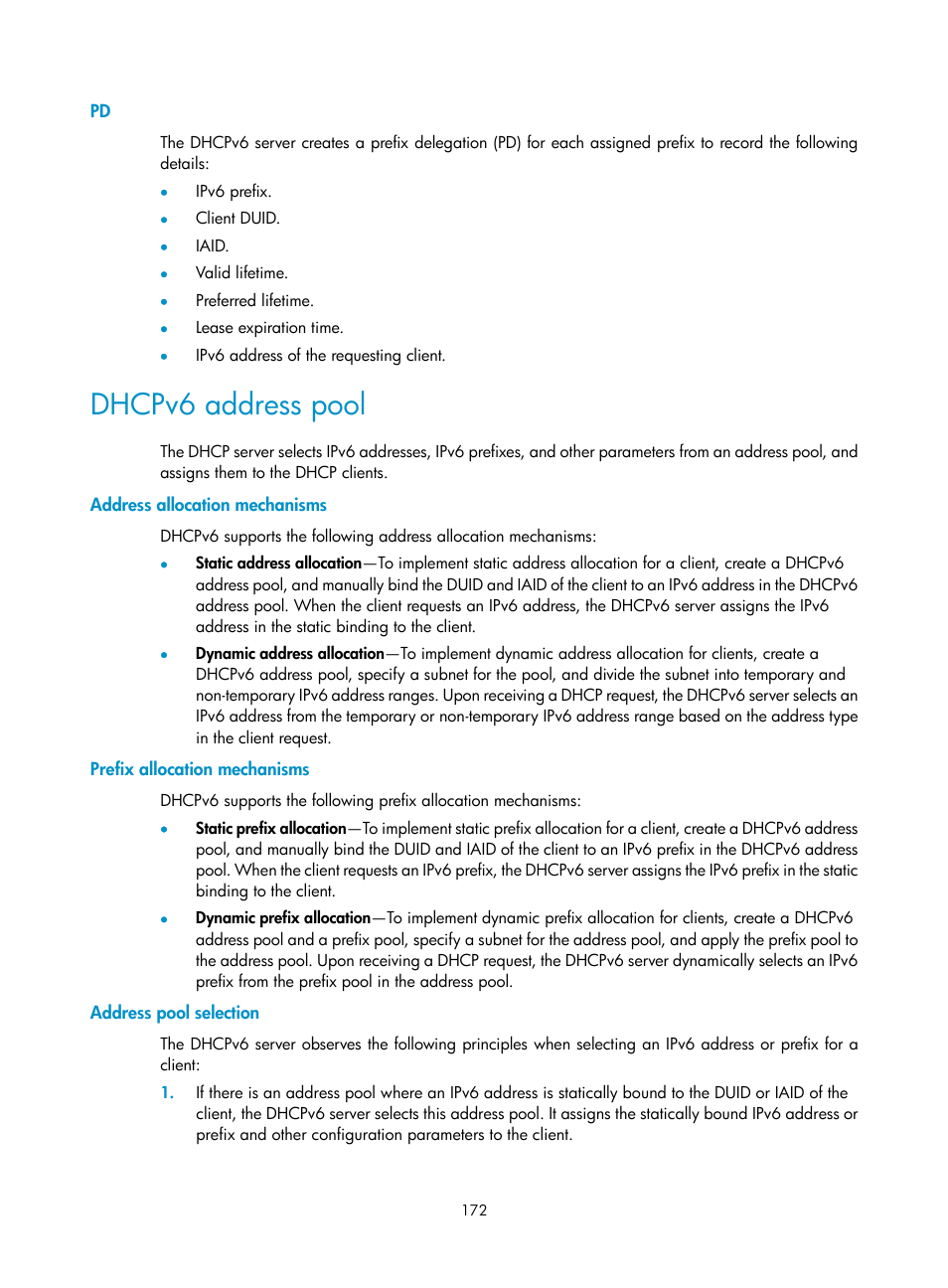 Dhcpv6 address pool, Address allocation mechanisms, Prefix allocation mechanisms | Address pool selection | H3C Technologies H3C S5560 Series Switches User Manual | Page 187 / 291