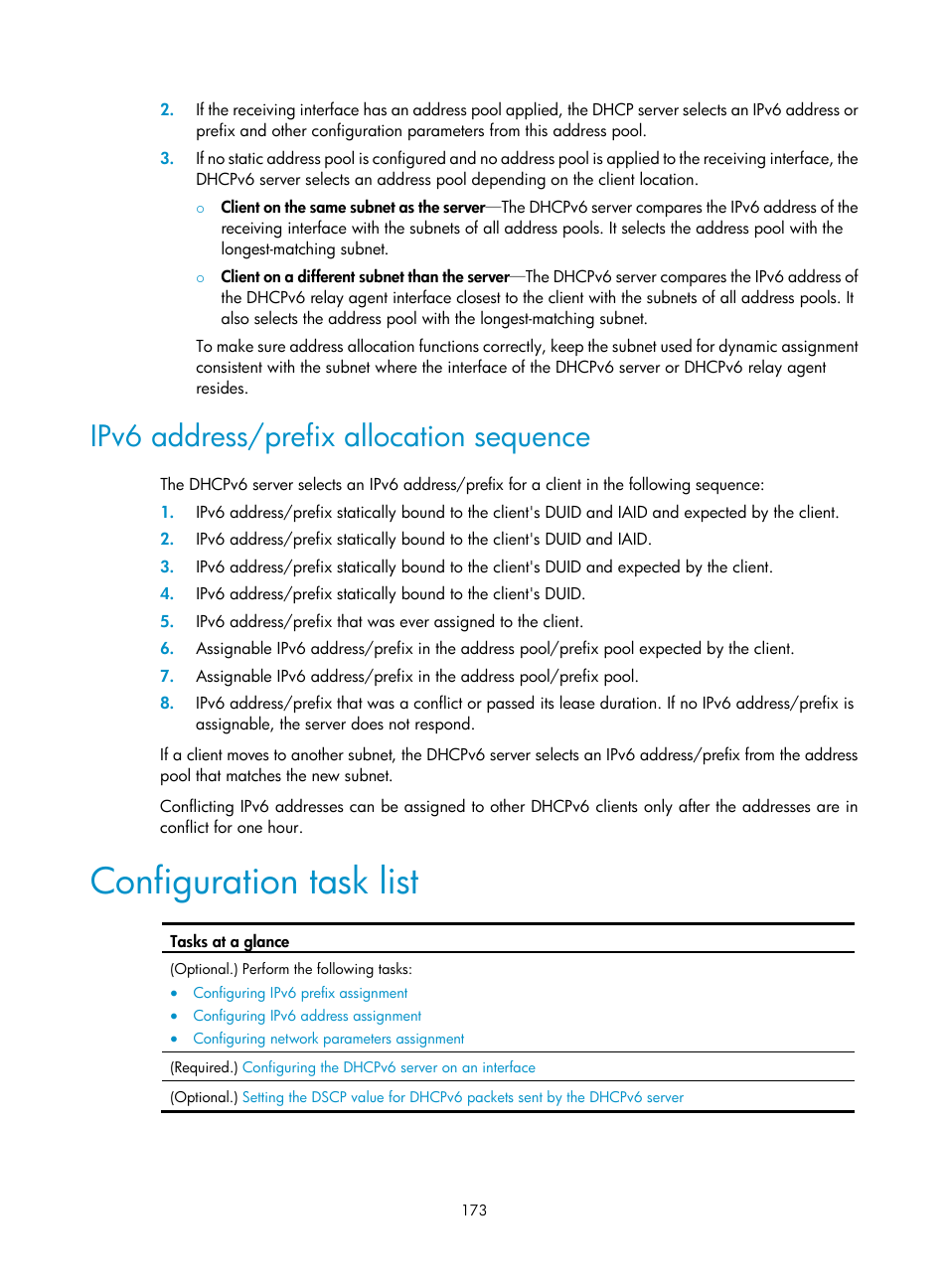 Ipv6 address/prefix allocation sequence, Configuration task list | H3C Technologies H3C S5560 Series Switches User Manual | Page 188 / 291