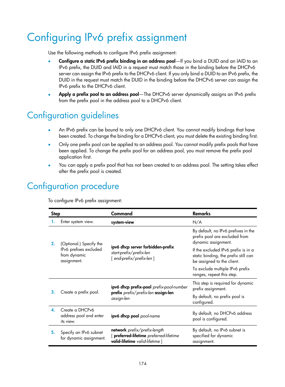 Configuring ipv6 prefix assignment, Configuration guidelines, Configuration procedure | H3C Technologies H3C S5560 Series Switches User Manual | Page 189 / 291