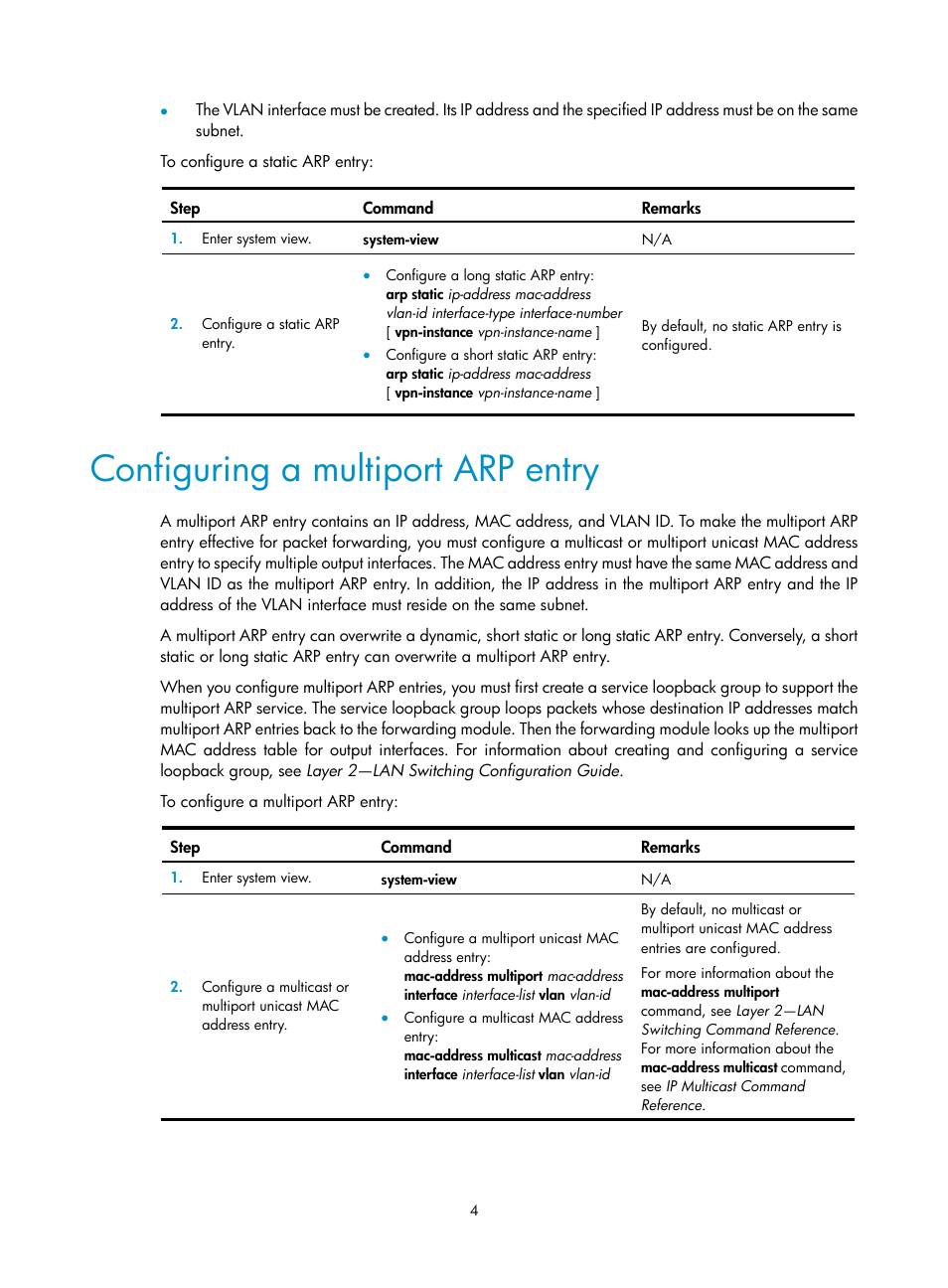 Configuring a multiport arp entry | H3C Technologies H3C S5560 Series Switches User Manual | Page 19 / 291