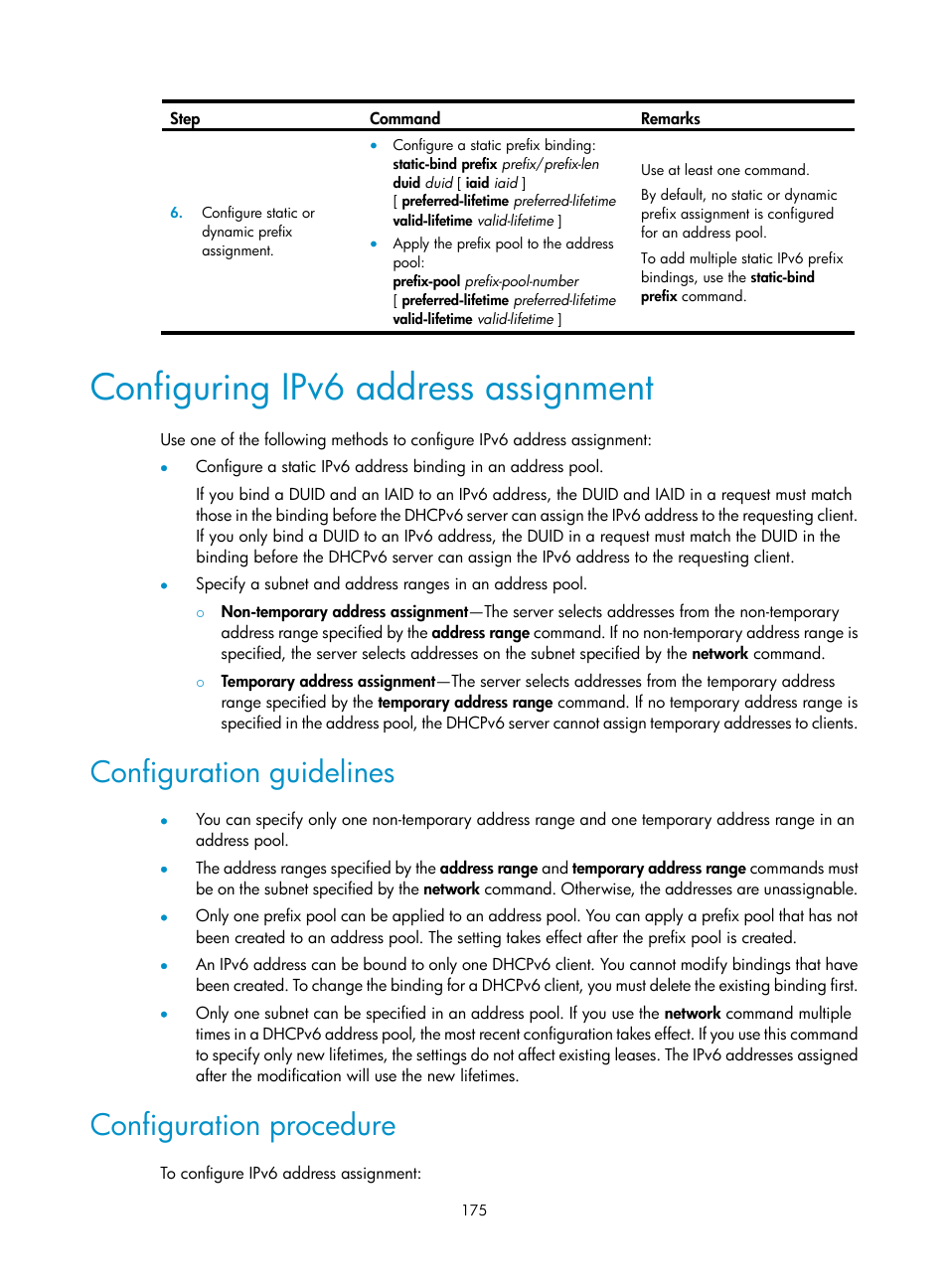 Configuring ipv6 address assignment, Configuration guidelines, Configuration procedure | H3C Technologies H3C S5560 Series Switches User Manual | Page 190 / 291