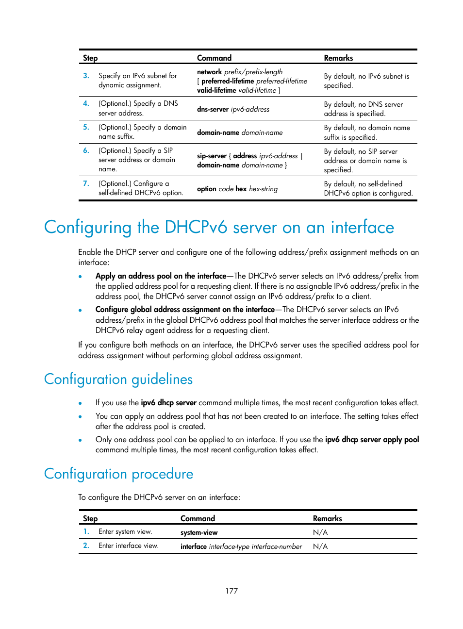 Configuring the dhcpv6 server on an interface, Configuration guidelines, Configuration procedure | Required.) | H3C Technologies H3C S5560 Series Switches User Manual | Page 192 / 291