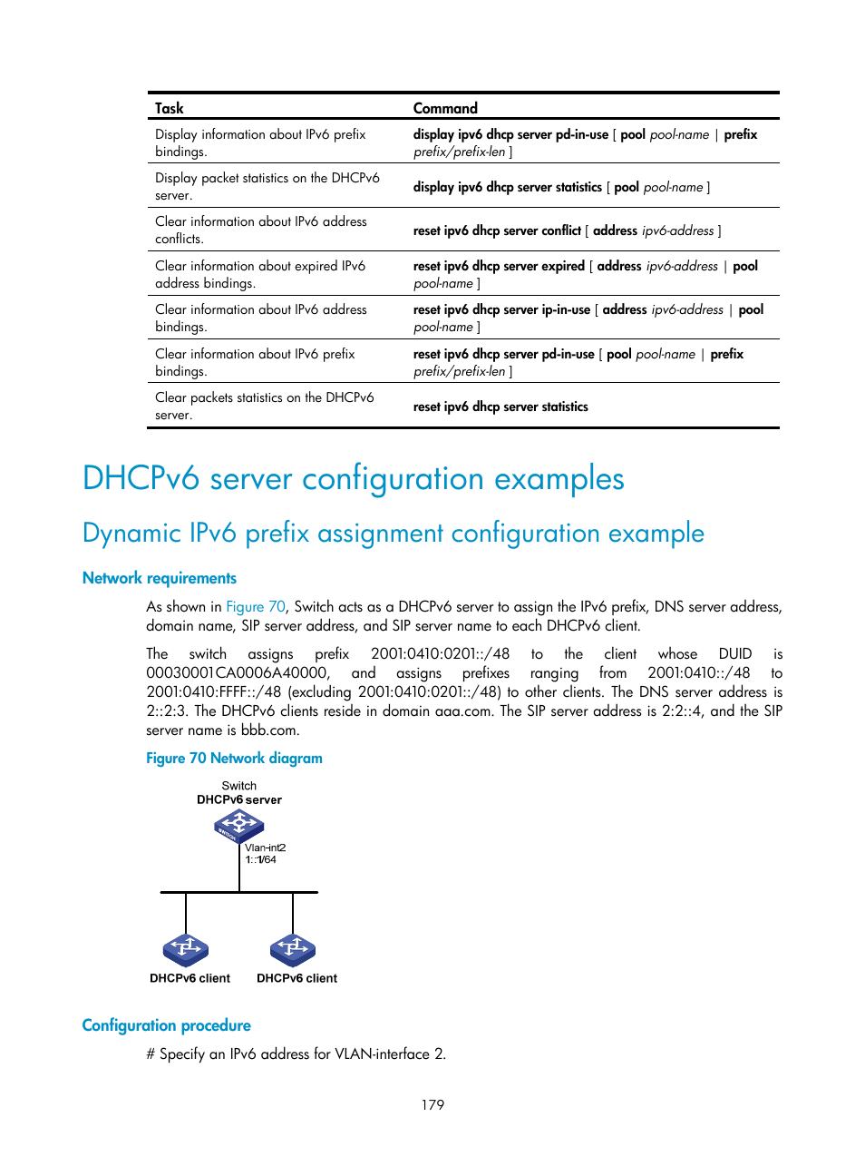 Dhcpv6 server configuration examples, Network requirements, Configuration procedure | H3C Technologies H3C S5560 Series Switches User Manual | Page 194 / 291