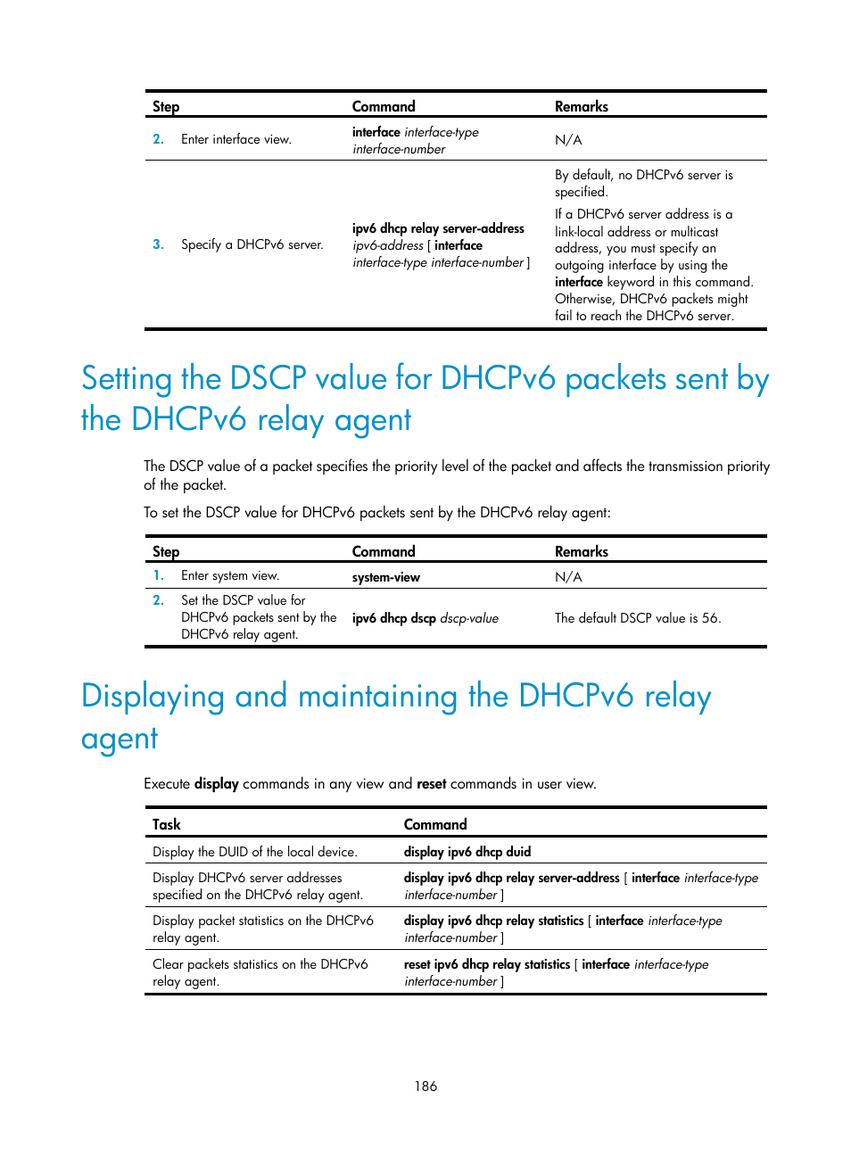 Displaying and maintaining the dhcpv6 relay agent | H3C Technologies H3C S5560 Series Switches User Manual | Page 201 / 291