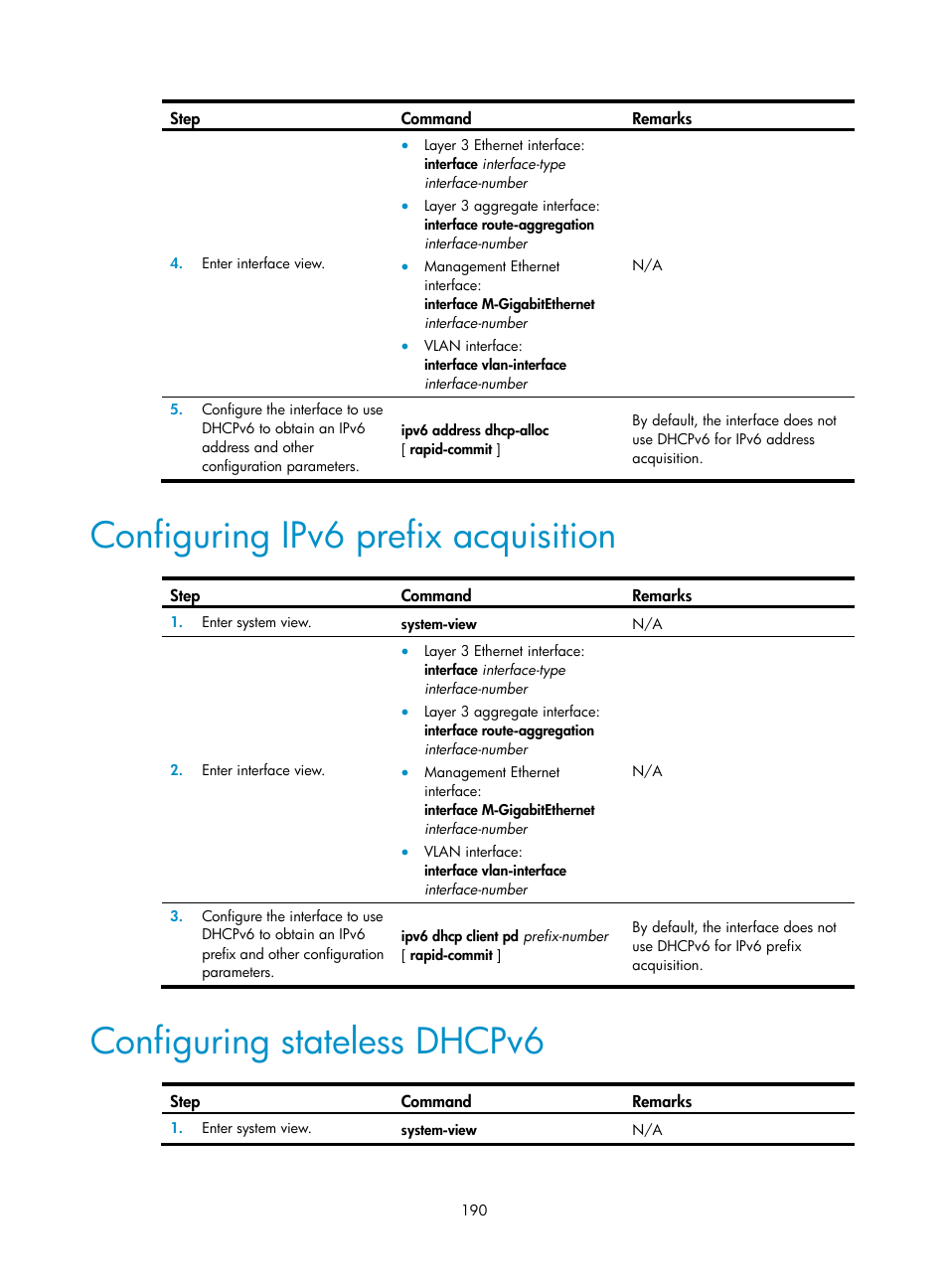 Configuring ipv6 prefix acquisition, Configuring stateless dhcpv6 | H3C Technologies H3C S5560 Series Switches User Manual | Page 205 / 291