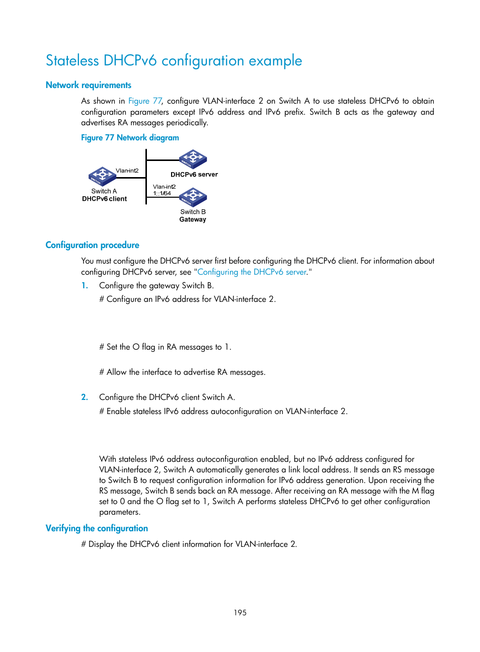 Stateless dhcpv6 configuration example, Network requirements, Configuration procedure | Verifying the configuration | H3C Technologies H3C S5560 Series Switches User Manual | Page 210 / 291