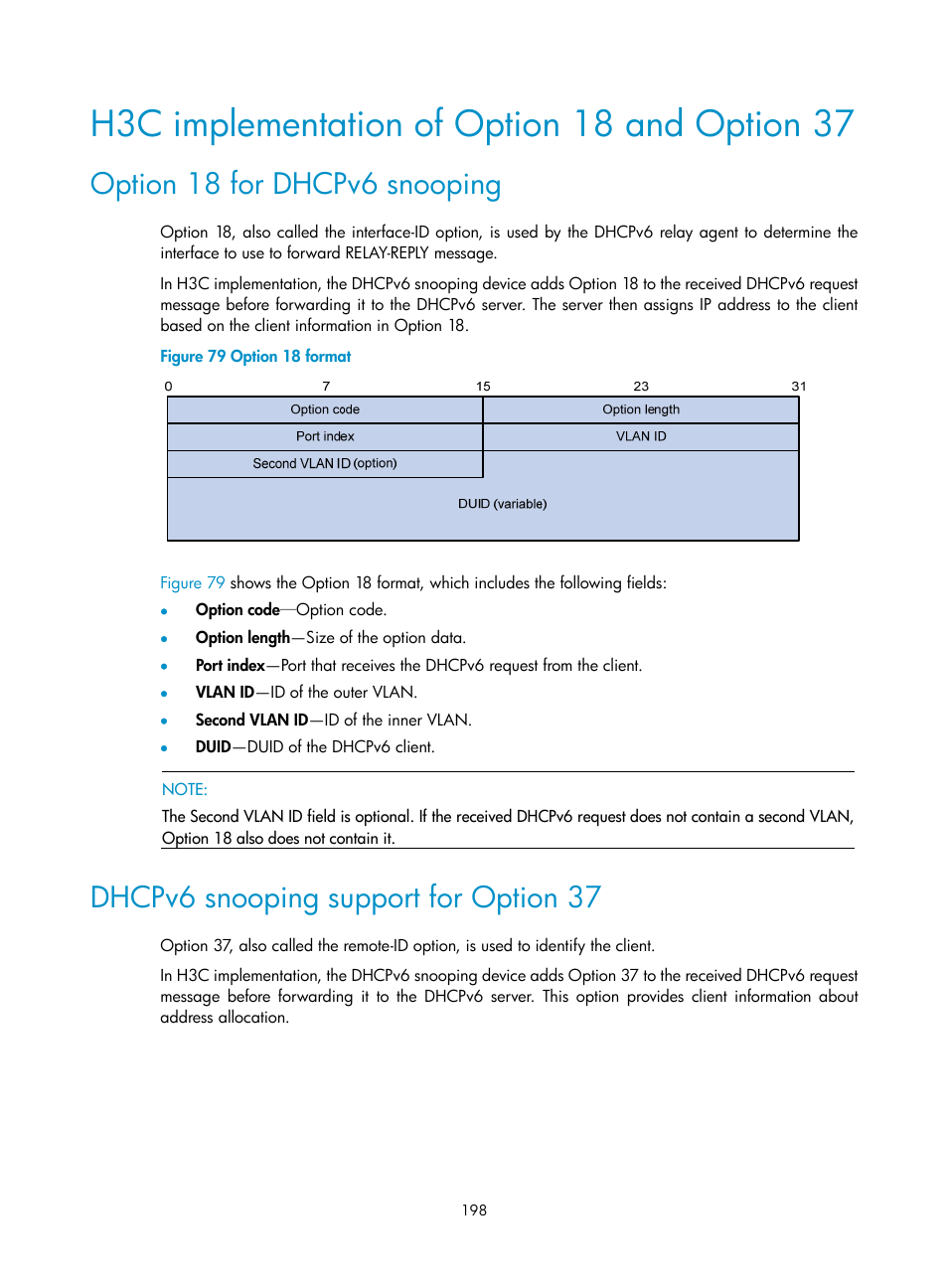 H3c implementation of option 18 and option 37, Option 18 for dhcpv6 snooping, Dhcpv6 snooping support for option 37 | H3C Technologies H3C S5560 Series Switches User Manual | Page 213 / 291