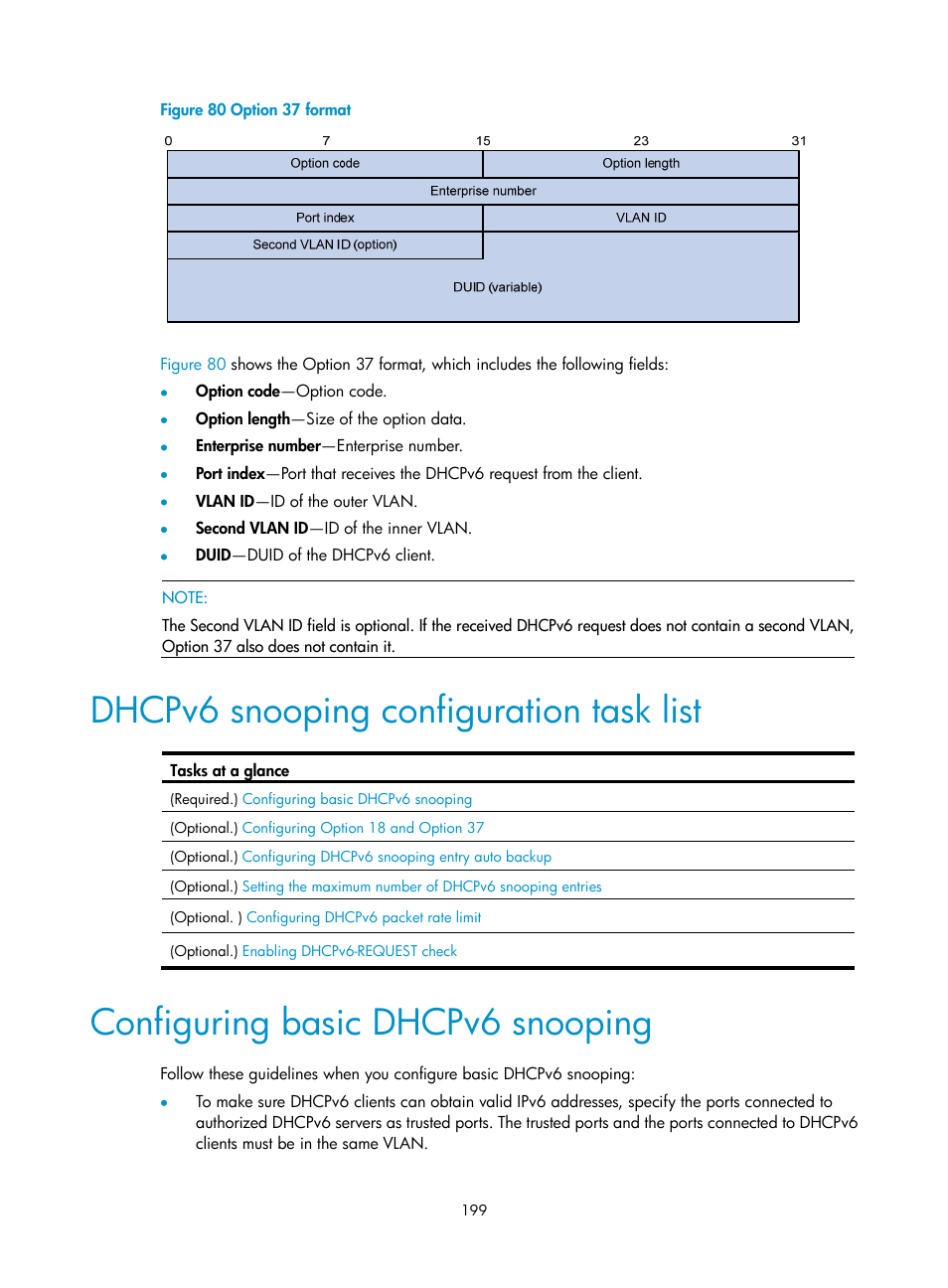 Dhcpv6 snooping configuration task list, Configuring basic dhcpv6 snooping | H3C Technologies H3C S5560 Series Switches User Manual | Page 214 / 291