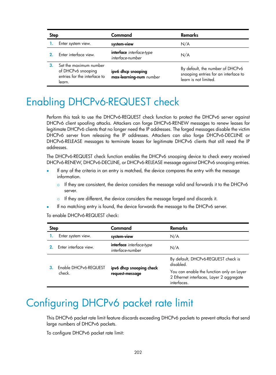 Enabling dhcpv6-request check, Configuring dhcpv6 packet rate limit, Optional. ) | H3C Technologies H3C S5560 Series Switches User Manual | Page 217 / 291