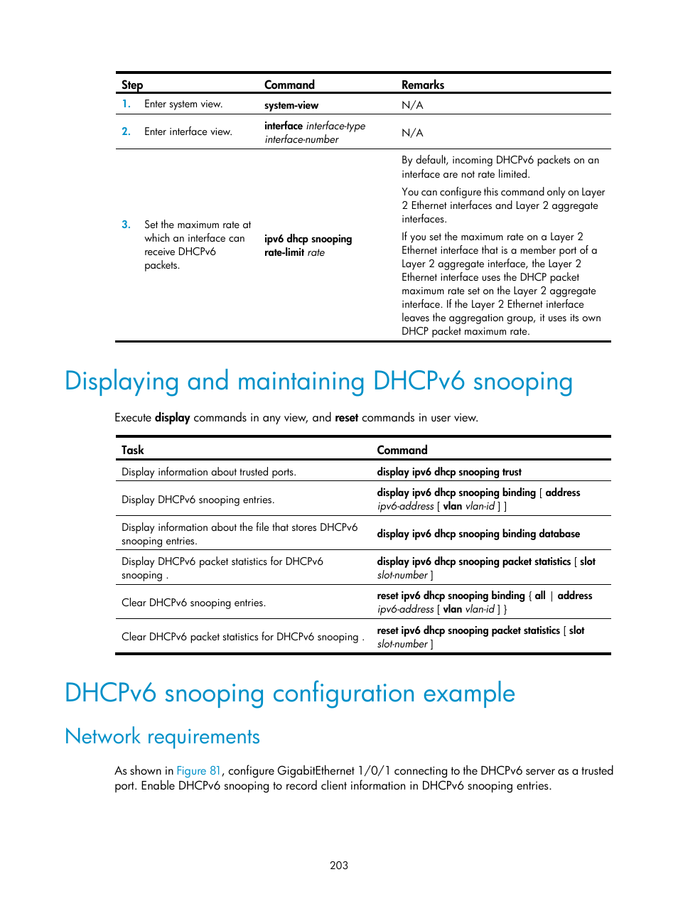 Displaying and maintaining dhcpv6 snooping, Dhcpv6 snooping configuration example, Network requirements | H3C Technologies H3C S5560 Series Switches User Manual | Page 218 / 291