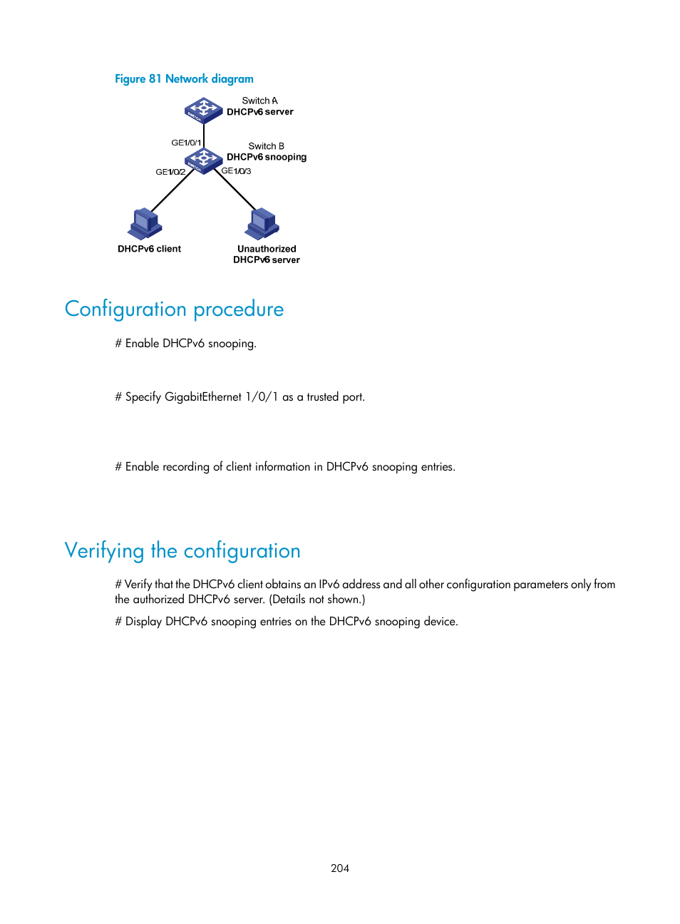 Configuration procedure, Verifying the configuration | H3C Technologies H3C S5560 Series Switches User Manual | Page 219 / 291