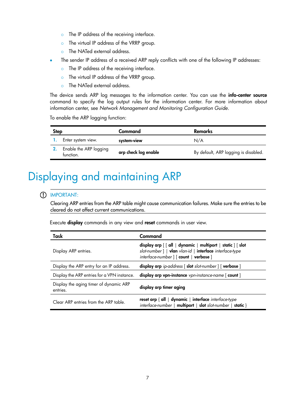 Displaying and maintaining arp | H3C Technologies H3C S5560 Series Switches User Manual | Page 22 / 291