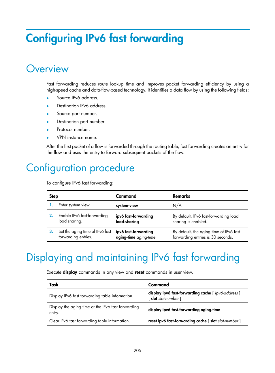 Configuring ipv6 fast forwarding, Overview, Configuration procedure | Displaying and maintaining ipv6 fast forwarding | H3C Technologies H3C S5560 Series Switches User Manual | Page 220 / 291