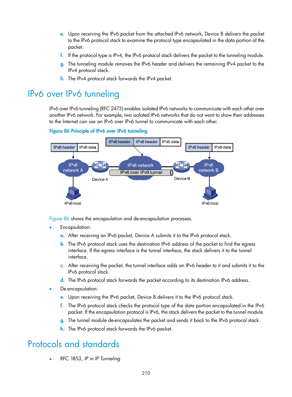 Ipv6 over ipv6 tunneling, Protocols and standards | H3C Technologies H3C S5560 Series Switches User Manual | Page 225 / 291
