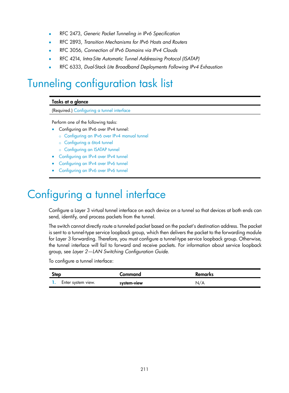 Tunneling configuration task list, Configuring a tunnel interface | H3C Technologies H3C S5560 Series Switches User Manual | Page 226 / 291