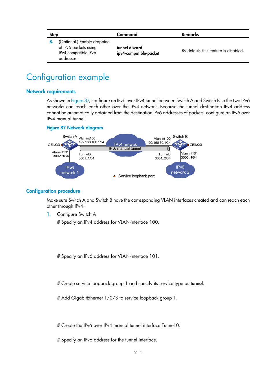 Configuration example, Network requirements, Configuration procedure | H3C Technologies H3C S5560 Series Switches User Manual | Page 229 / 291