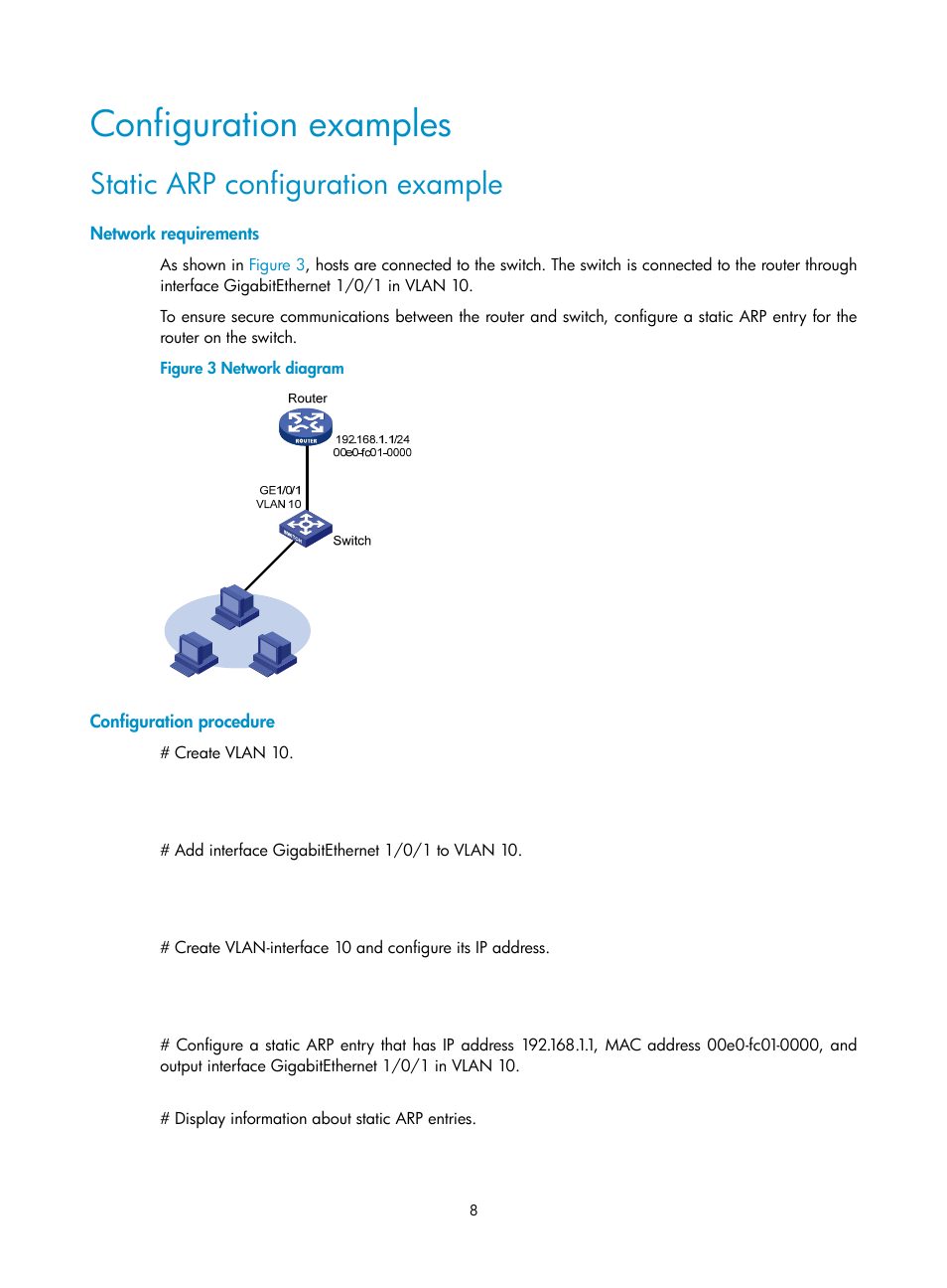 Configuration examples, Static arp configuration example, Network requirements | Configuration procedure | H3C Technologies H3C S5560 Series Switches User Manual | Page 23 / 291