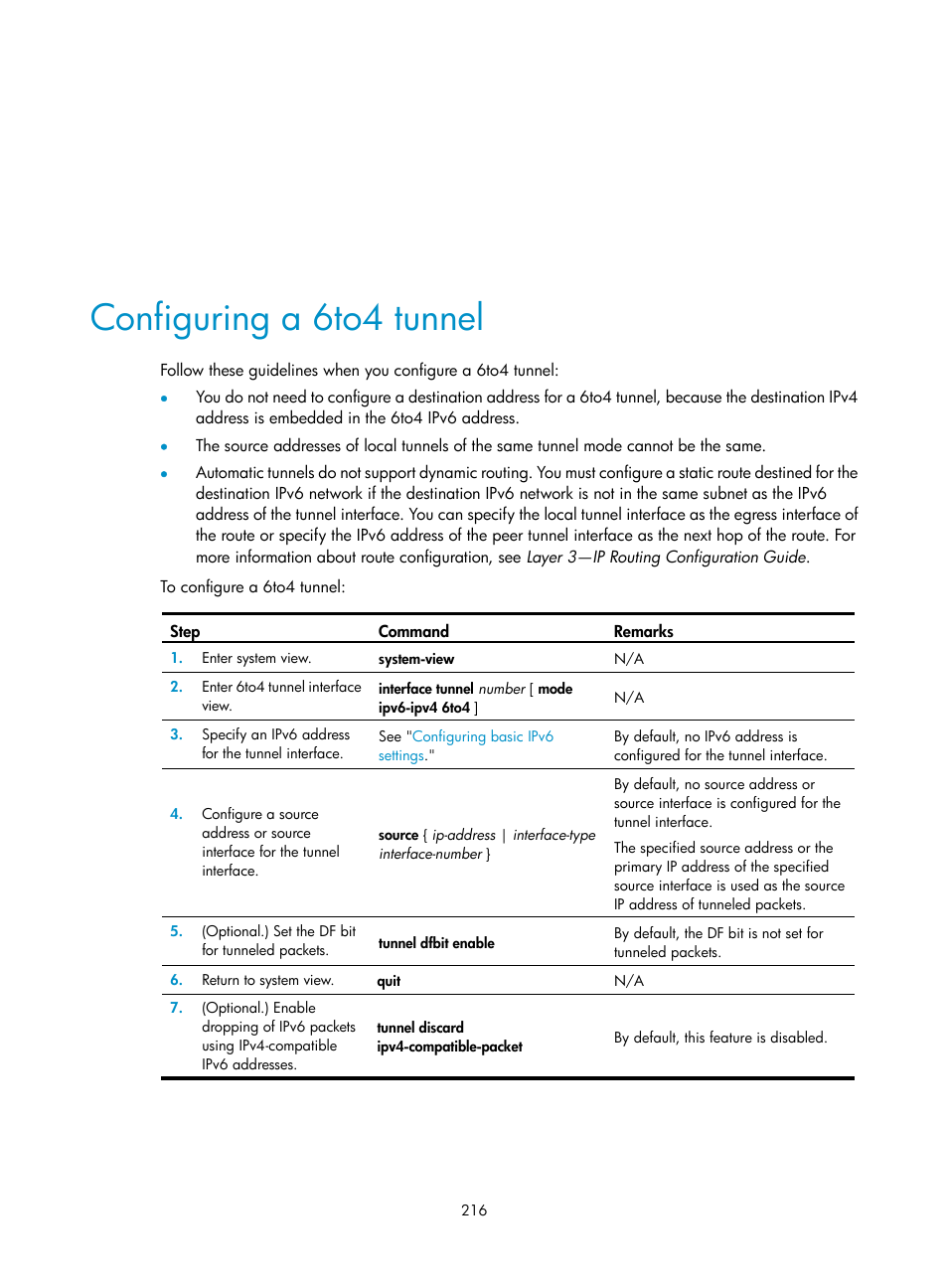 Configuring a 6to4 tunnel | H3C Technologies H3C S5560 Series Switches User Manual | Page 231 / 291
