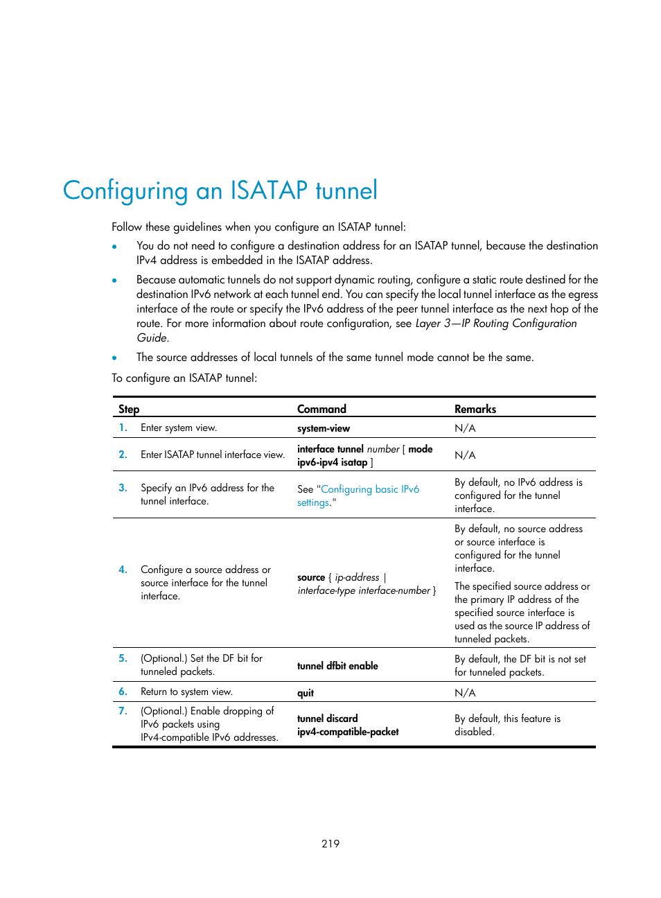 Configuring an isatap tunnel | H3C Technologies H3C S5560 Series Switches User Manual | Page 234 / 291