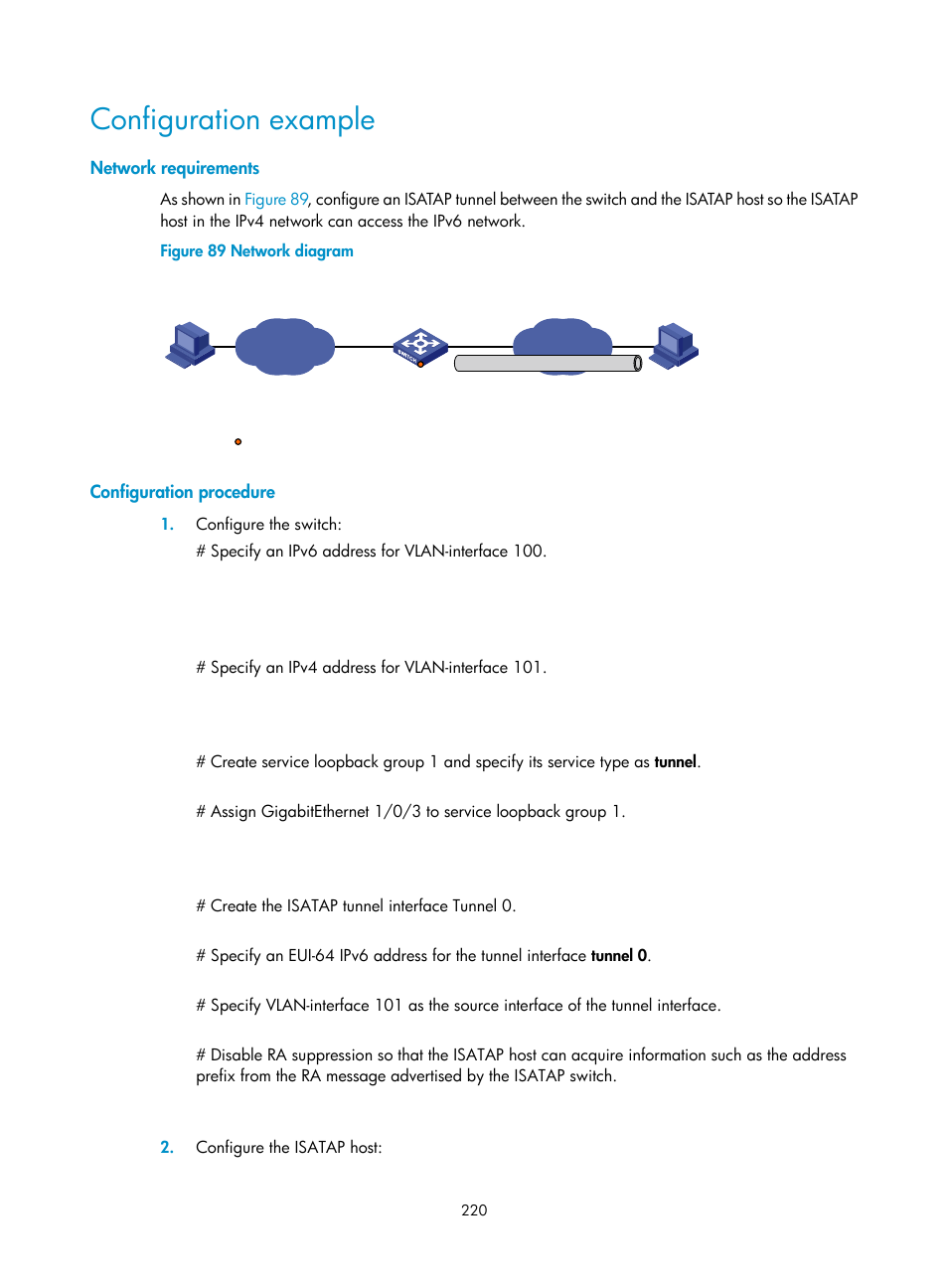 Configuration example, Network requirements, Configuration procedure | H3C Technologies H3C S5560 Series Switches User Manual | Page 235 / 291