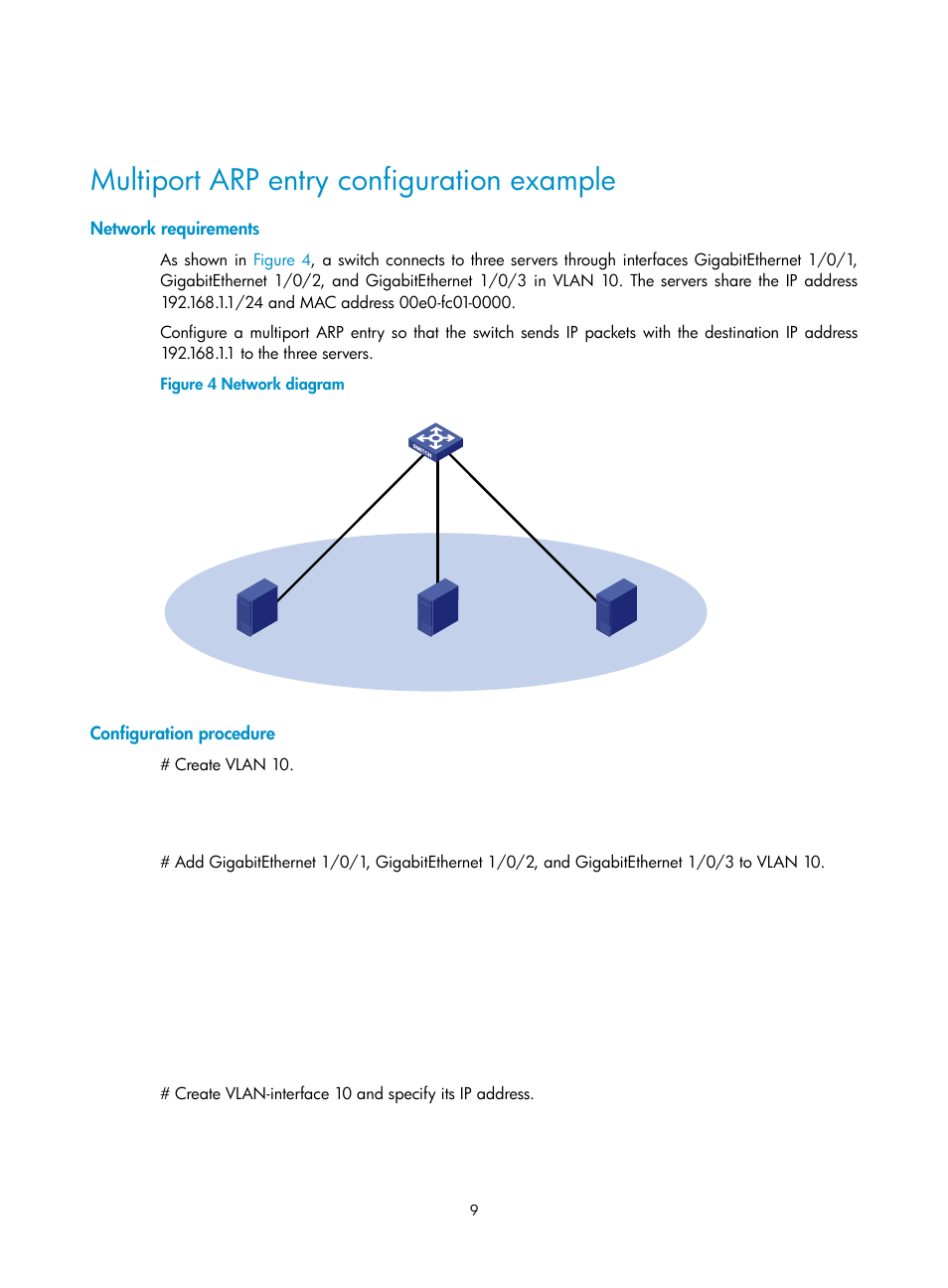 Multiport arp entry configuration example, Network requirements, Configuration procedure | H3C Technologies H3C S5560 Series Switches User Manual | Page 24 / 291