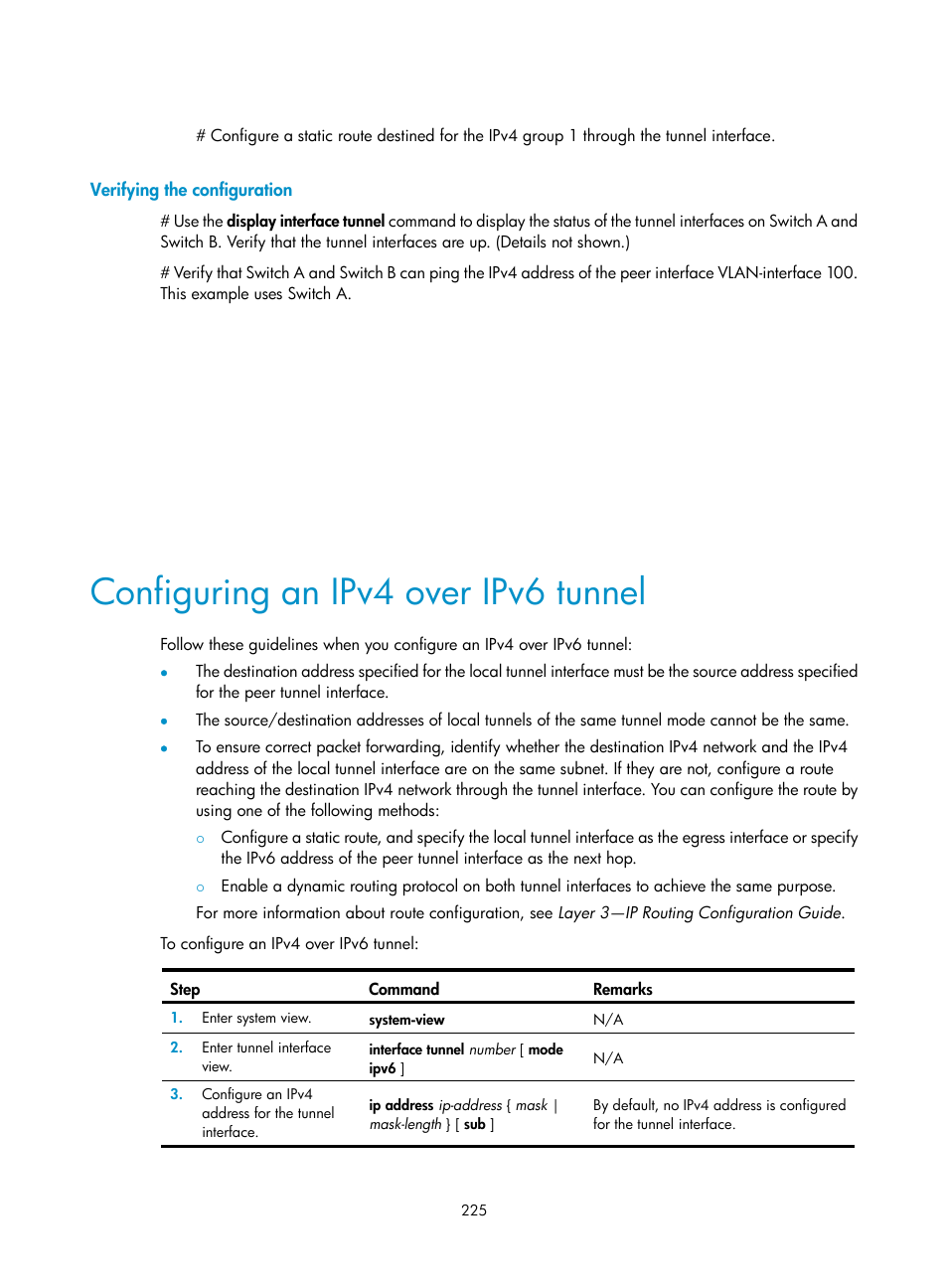 Verifying the configuration, Configuring an ipv4 over ipv6 tunnel | H3C Technologies H3C S5560 Series Switches User Manual | Page 240 / 291