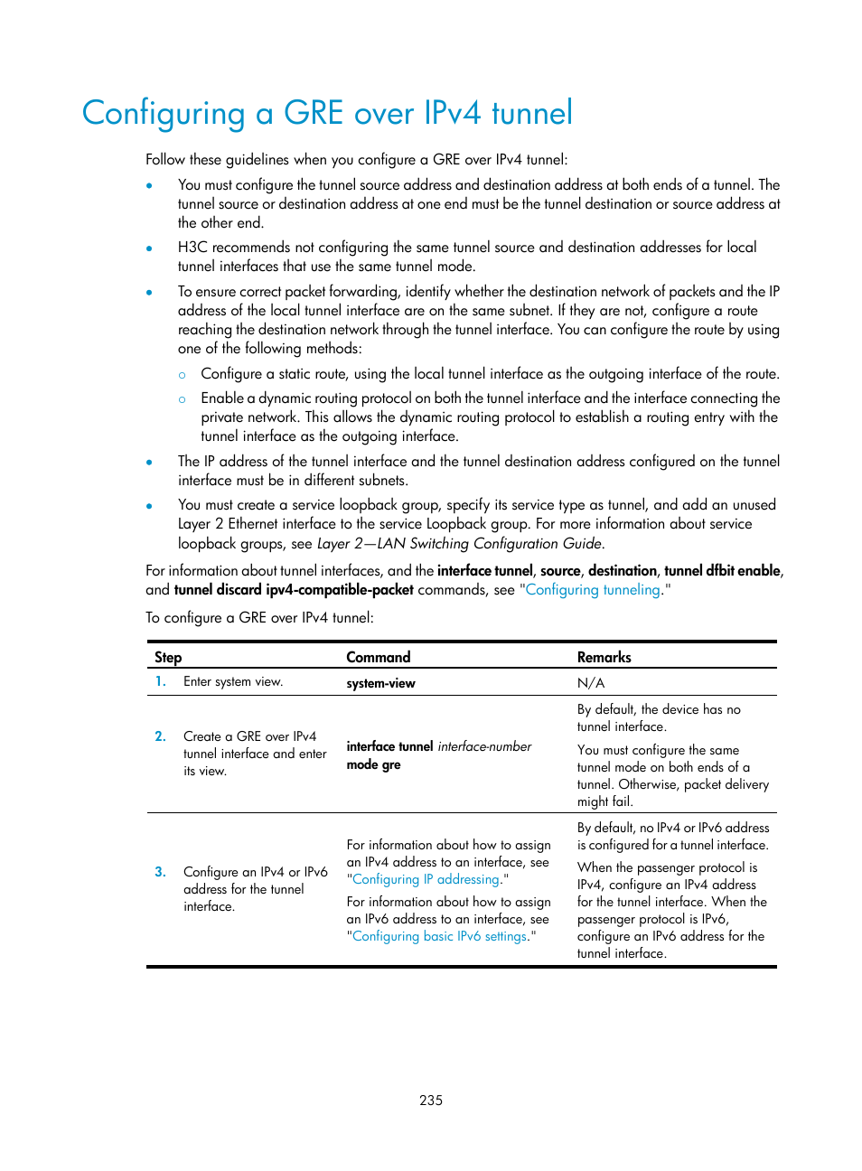 Configuring a gre over ipv4 tunnel | H3C Technologies H3C S5560 Series Switches User Manual | Page 250 / 291