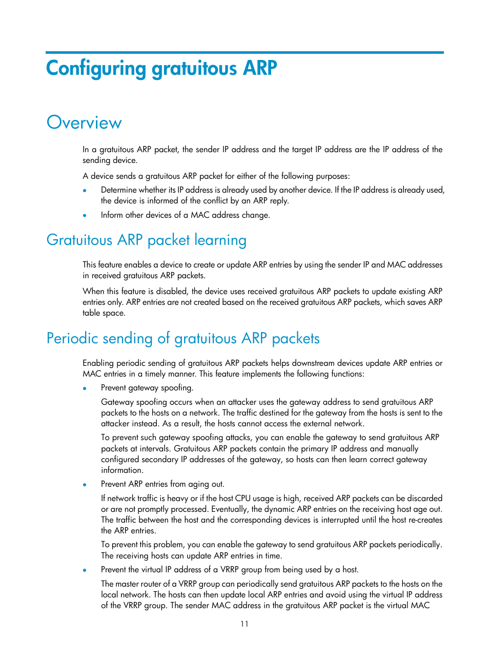 Configuring gratuitous arp, Overview, Gratuitous arp packet learning | Periodic sending of gratuitous arp packets | H3C Technologies H3C S5560 Series Switches User Manual | Page 26 / 291