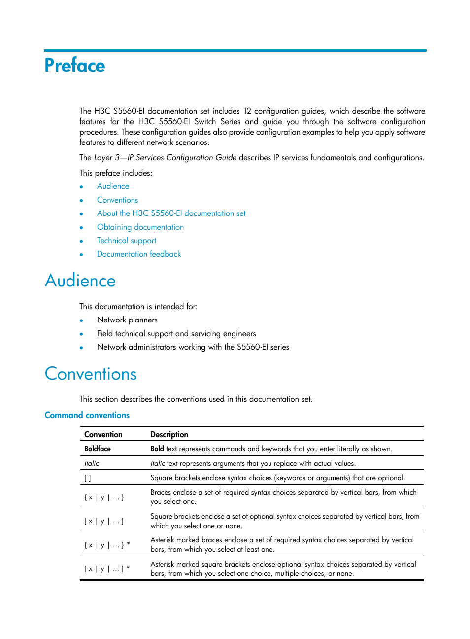 Preface, Audience, Conventions | Command conventions | H3C Technologies H3C S5560 Series Switches User Manual | Page 3 / 291