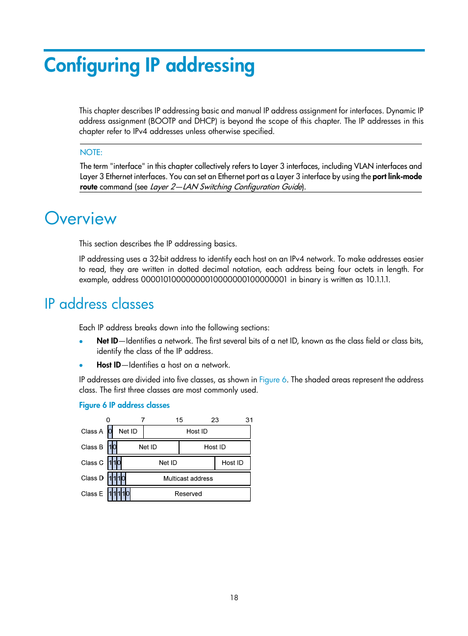Configuring ip addressing, Overview, Ip address classes | H3C Technologies H3C S5560 Series Switches User Manual | Page 33 / 291