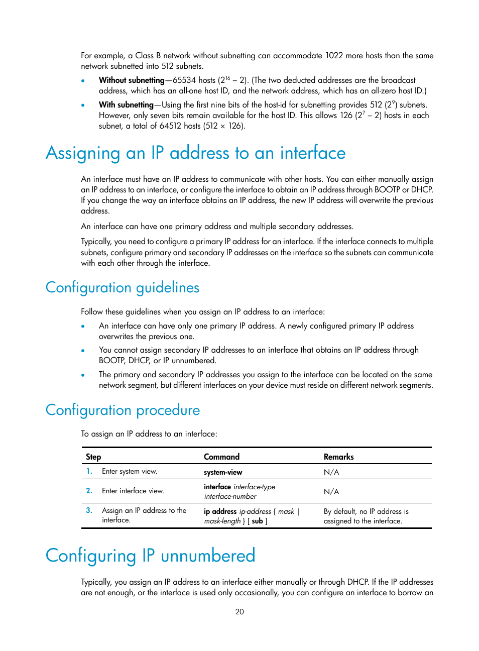 Assigning an ip address to an interface, Configuration guidelines, Configuration procedure | Configuring ip unnumbered | H3C Technologies H3C S5560 Series Switches User Manual | Page 35 / 291