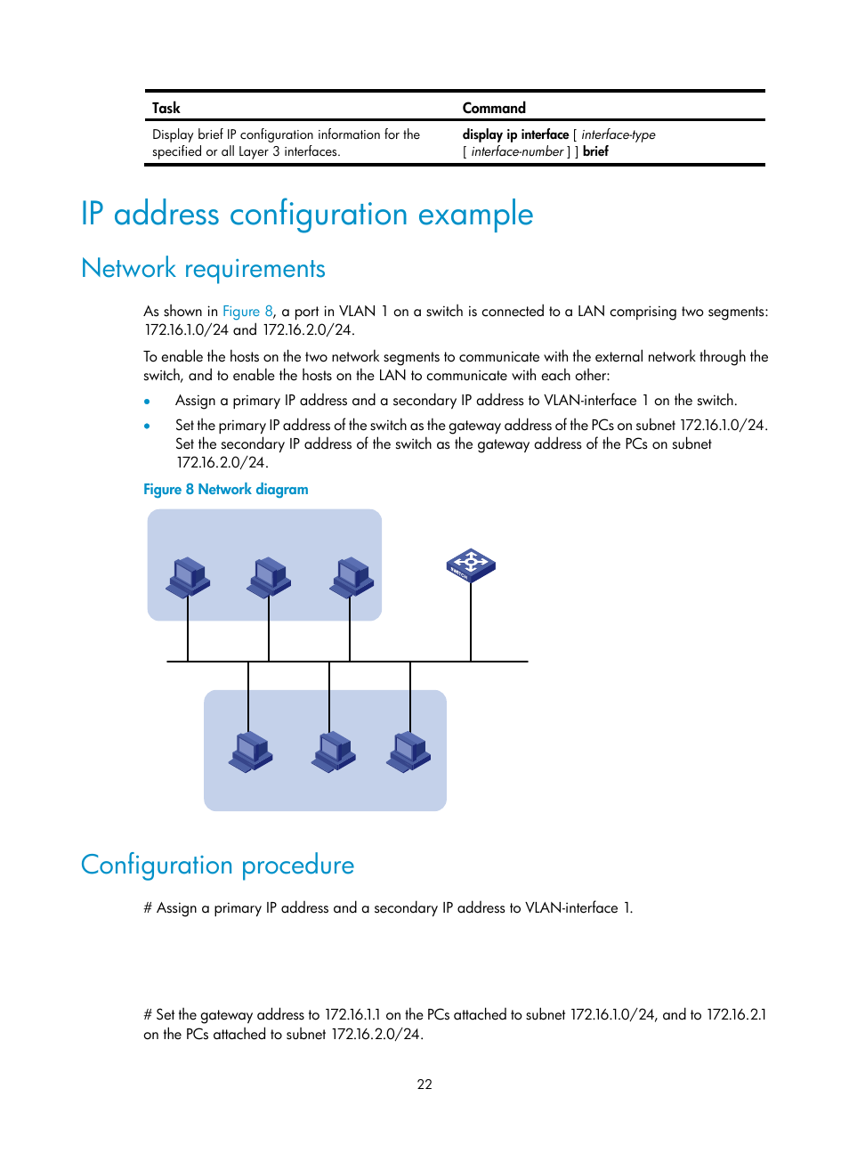 Ip address configuration example, Network requirements, Configuration procedure | H3C Technologies H3C S5560 Series Switches User Manual | Page 37 / 291