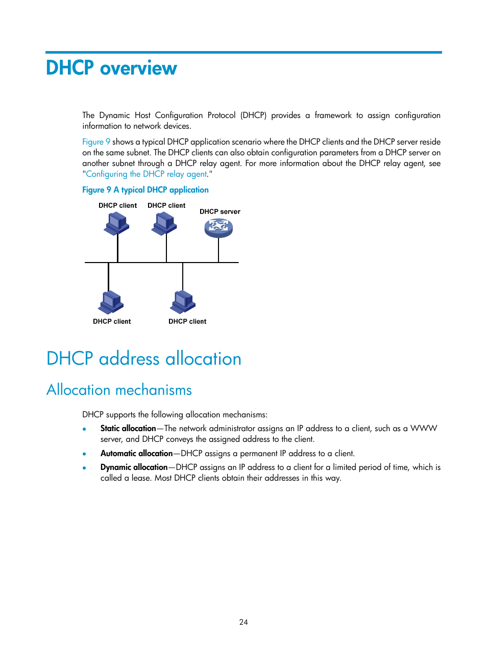 Dhcp overview, Dhcp address allocation, Allocation mechanisms | H3C Technologies H3C S5560 Series Switches User Manual | Page 39 / 291