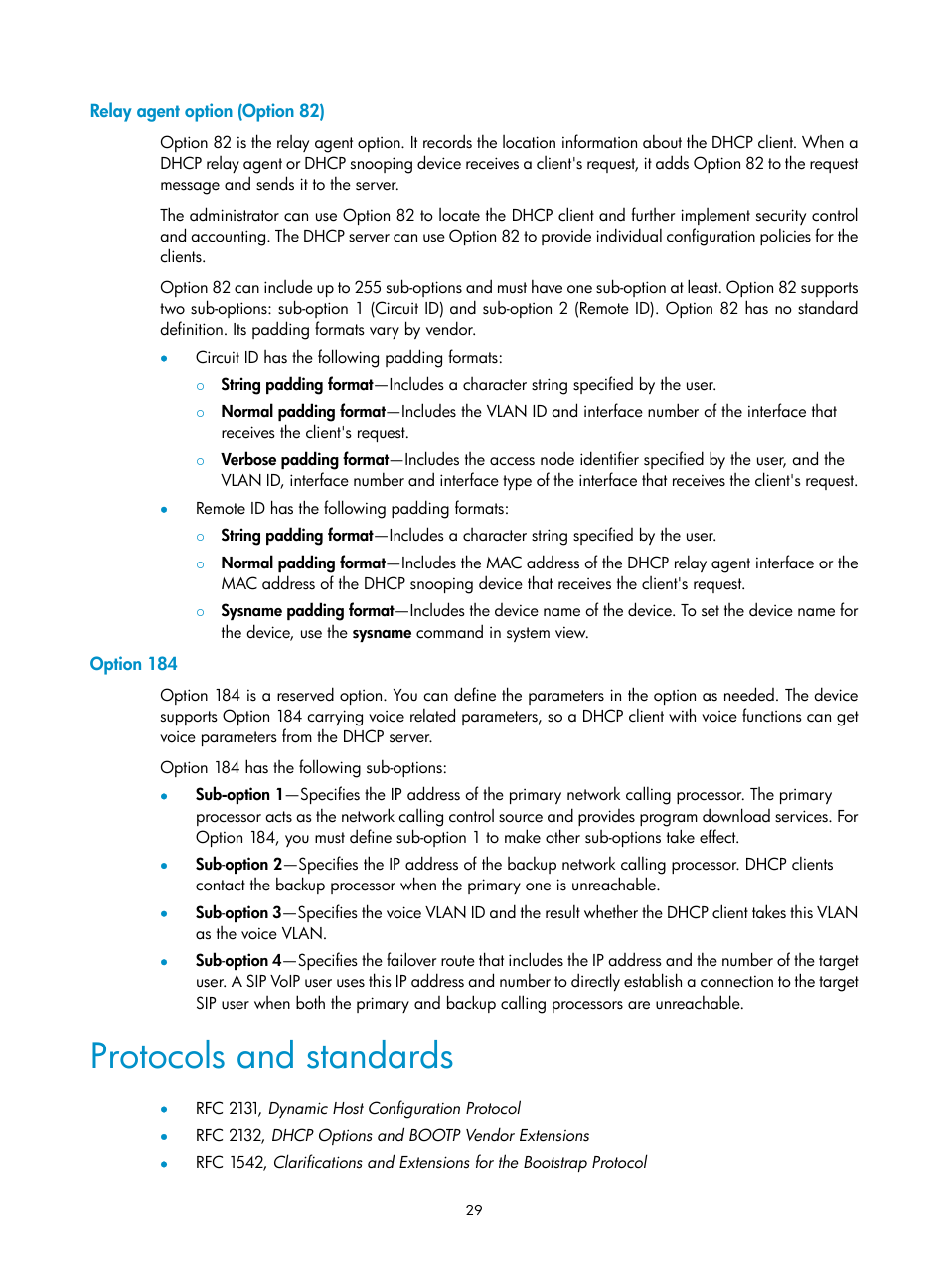 Relay agent option (option 82), Option 184, Protocols and standards | H3C Technologies H3C S5560 Series Switches User Manual | Page 44 / 291