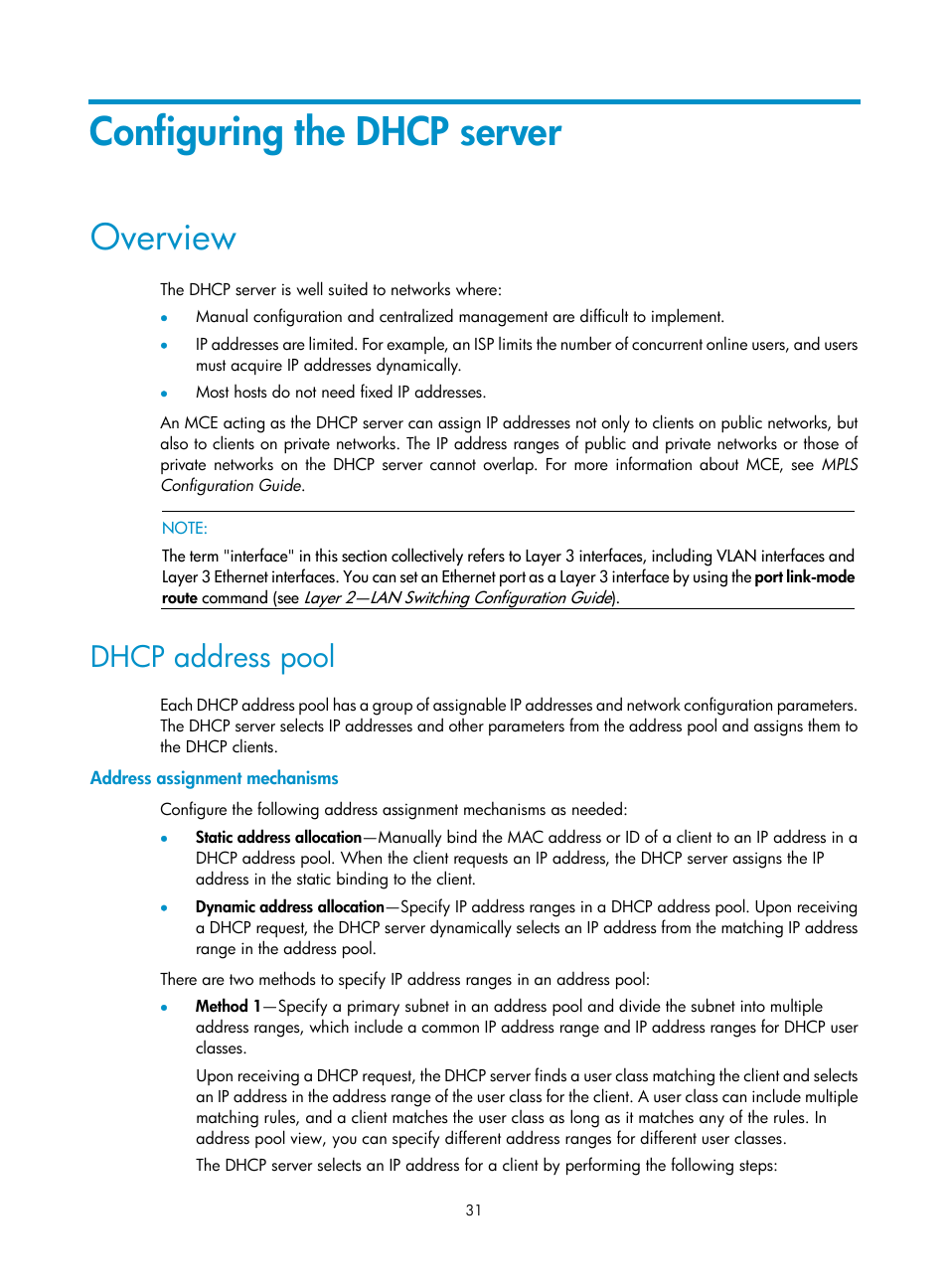 Configuring the dhcp server, Overview, Dhcp address pool | Address assignment mechanisms | H3C Technologies H3C S5560 Series Switches User Manual | Page 46 / 291