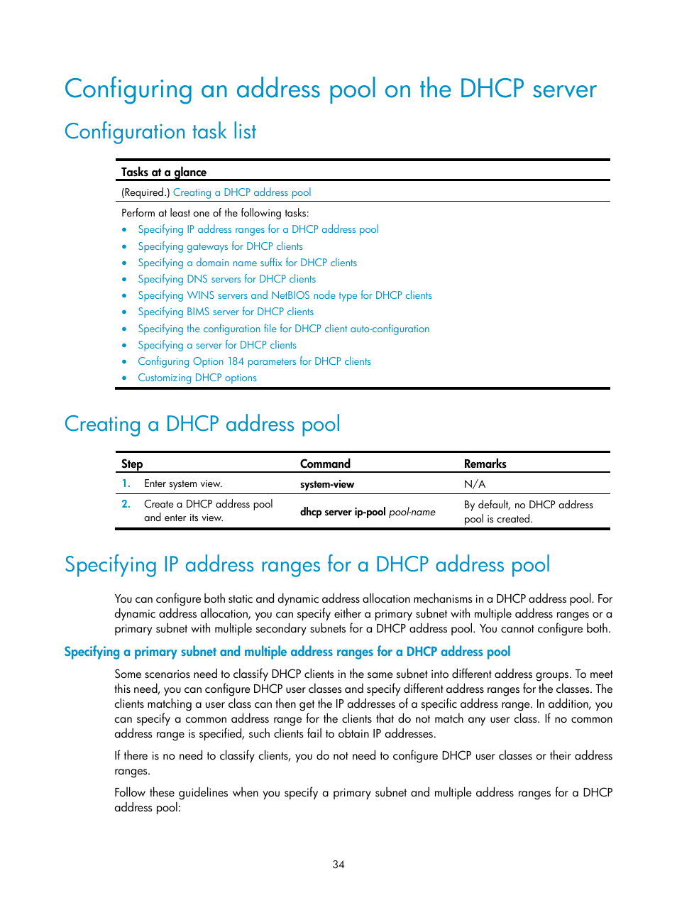 Configuring an address pool on the dhcp server, Configuration task list, Creating a dhcp address pool | Required.) | H3C Technologies H3C S5560 Series Switches User Manual | Page 49 / 291