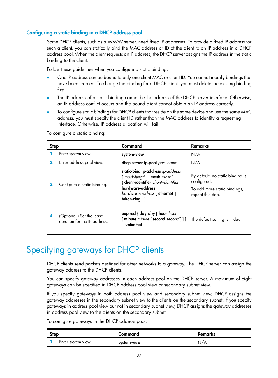 Specifying gateways for dhcp clients | H3C Technologies H3C S5560 Series Switches User Manual | Page 52 / 291