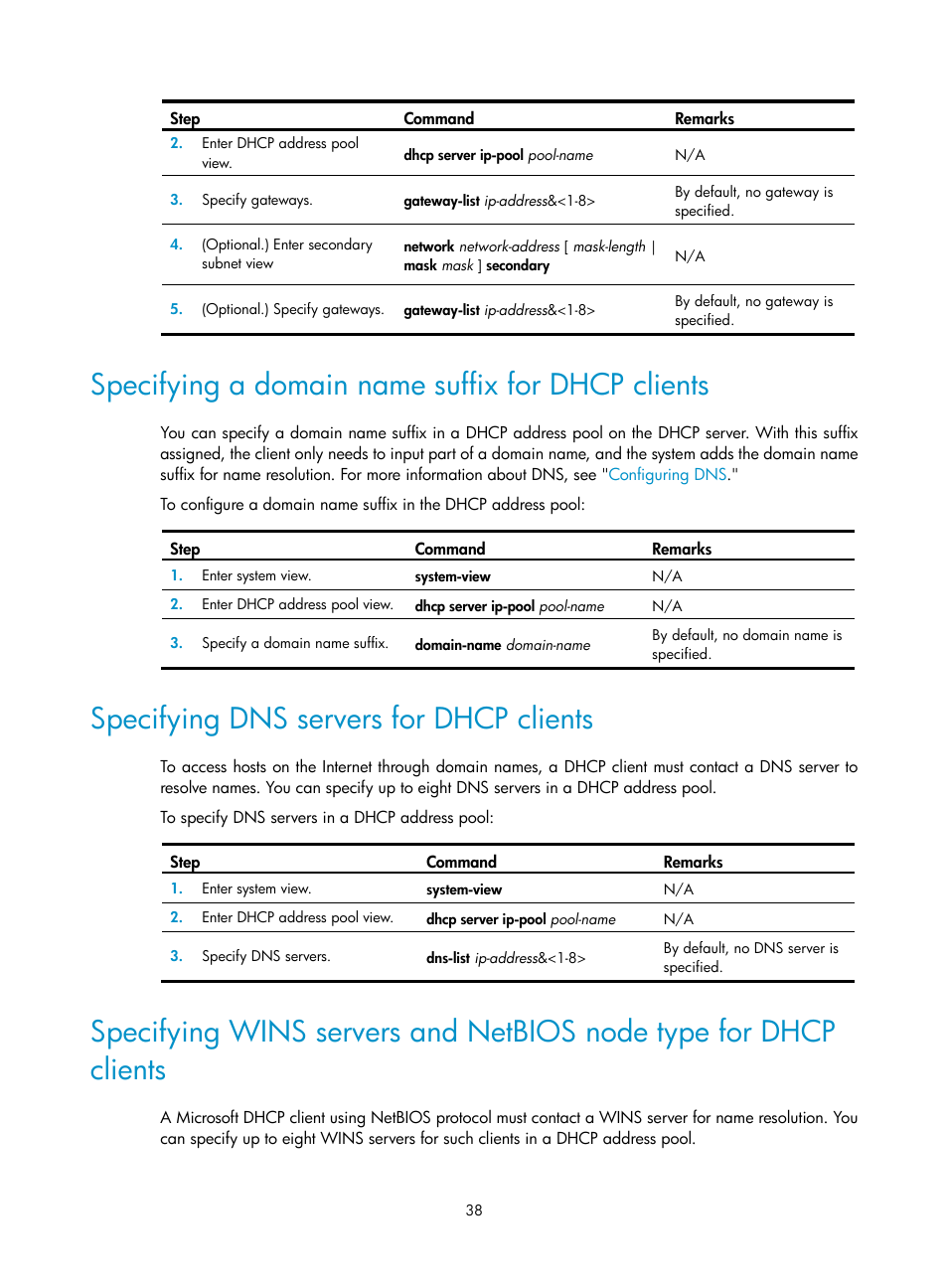 Specifying a domain name suffix for dhcp clients, Specifying dns servers for dhcp clients | H3C Technologies H3C S5560 Series Switches User Manual | Page 53 / 291