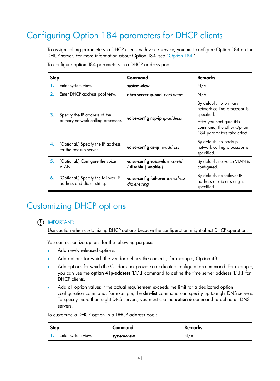 Configuring option 184 parameters for dhcp clients, Customizing dhcp options | H3C Technologies H3C S5560 Series Switches User Manual | Page 56 / 291