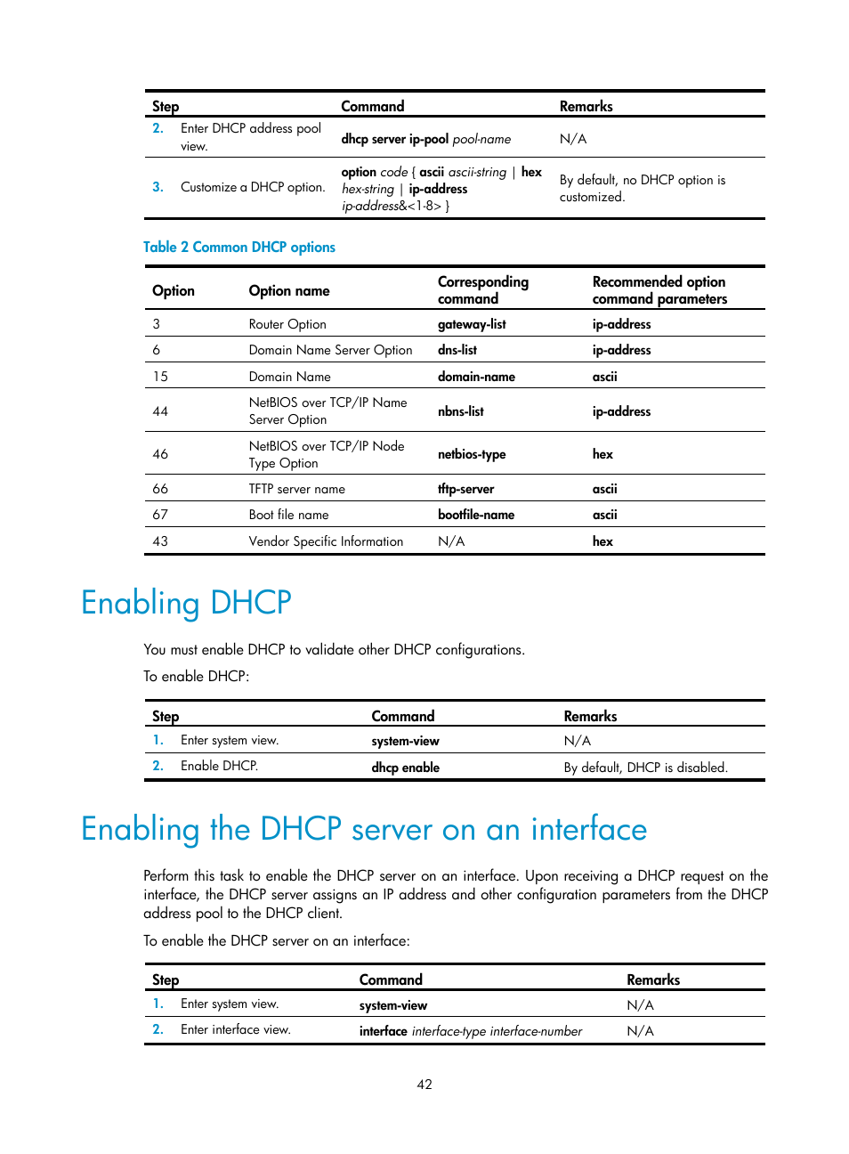 Enabling dhcp, Enabling the dhcp server on an interface | H3C Technologies H3C S5560 Series Switches User Manual | Page 57 / 291