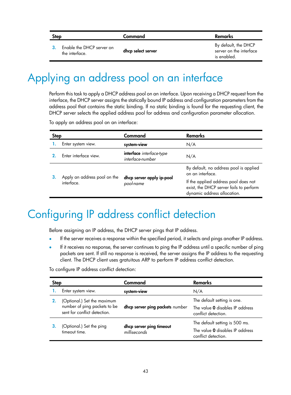 Applying an address pool on an interface, Configuring ip address conflict detection | H3C Technologies H3C S5560 Series Switches User Manual | Page 58 / 291