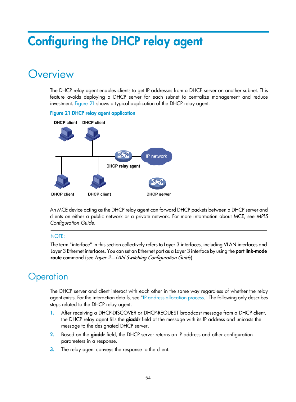 Configuring the dhcp relay agent, Overview, Operation | H3C Technologies H3C S5560 Series Switches User Manual | Page 69 / 291