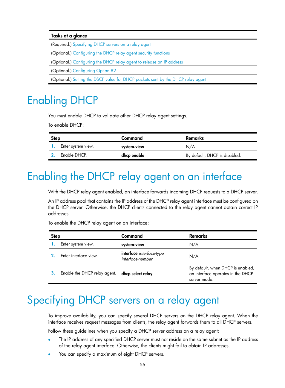 Enabling dhcp, Enabling the dhcp relay agent on an interface, Specifying dhcp servers on a relay agent | H3C Technologies H3C S5560 Series Switches User Manual | Page 71 / 291