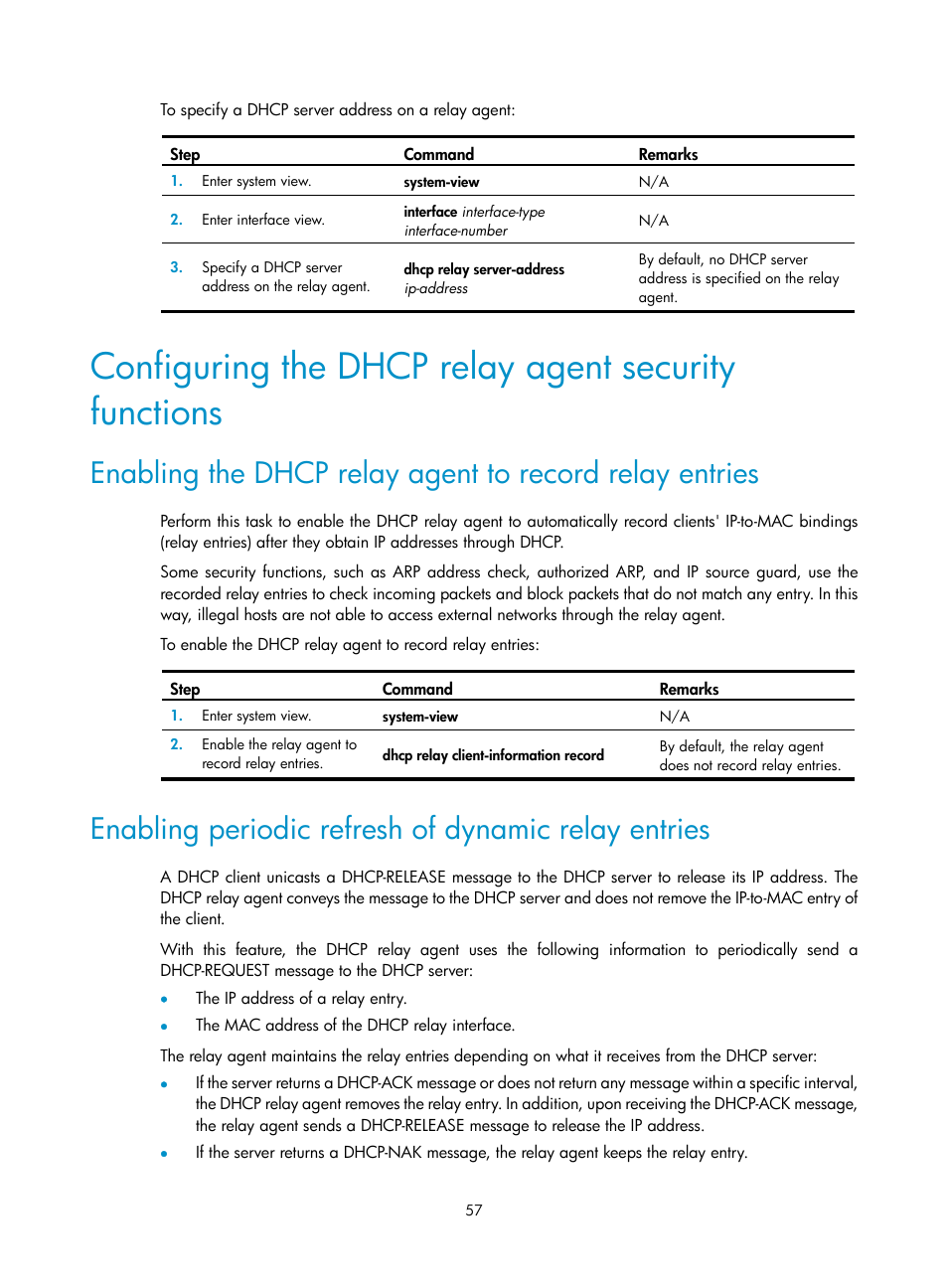Enabling periodic refresh of dynamic relay entries | H3C Technologies H3C S5560 Series Switches User Manual | Page 72 / 291