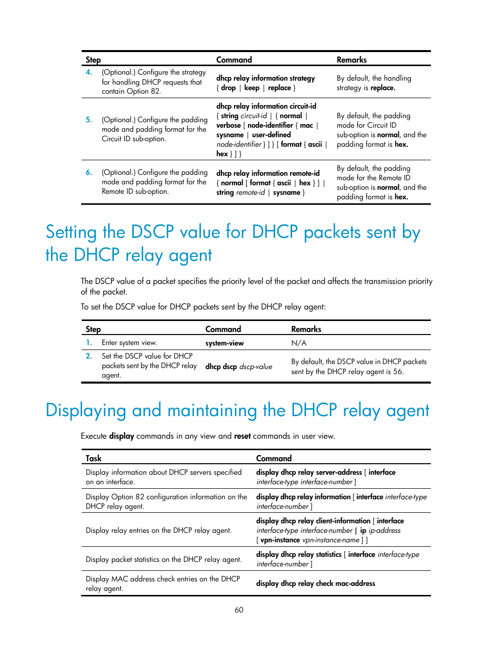 Displaying and maintaining the dhcp relay agent | H3C Technologies H3C S5560 Series Switches User Manual | Page 75 / 291