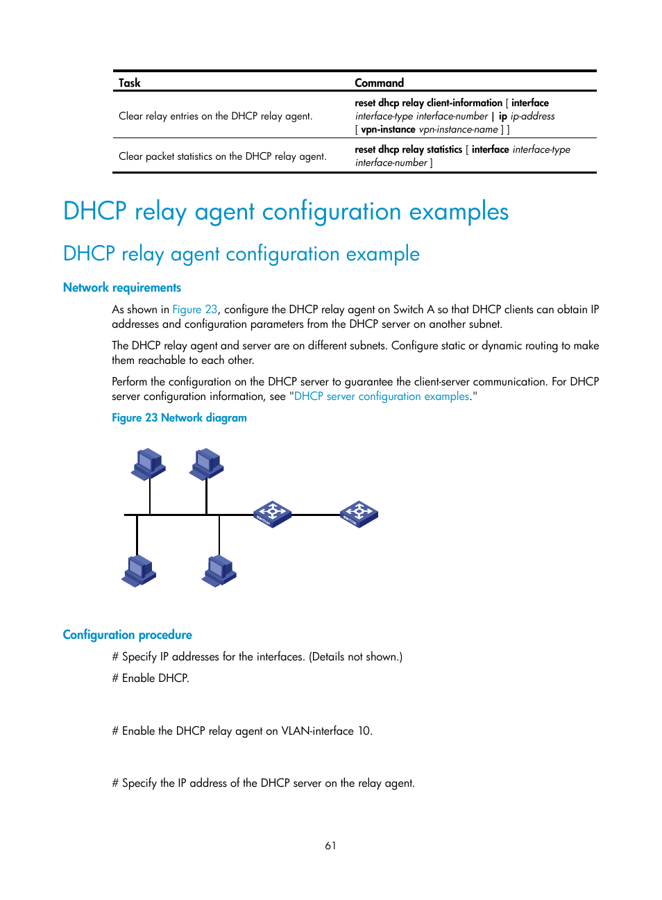 Dhcp relay agent configuration examples, Dhcp relay agent configuration example, Network requirements | Configuration procedure | H3C Technologies H3C S5560 Series Switches User Manual | Page 76 / 291